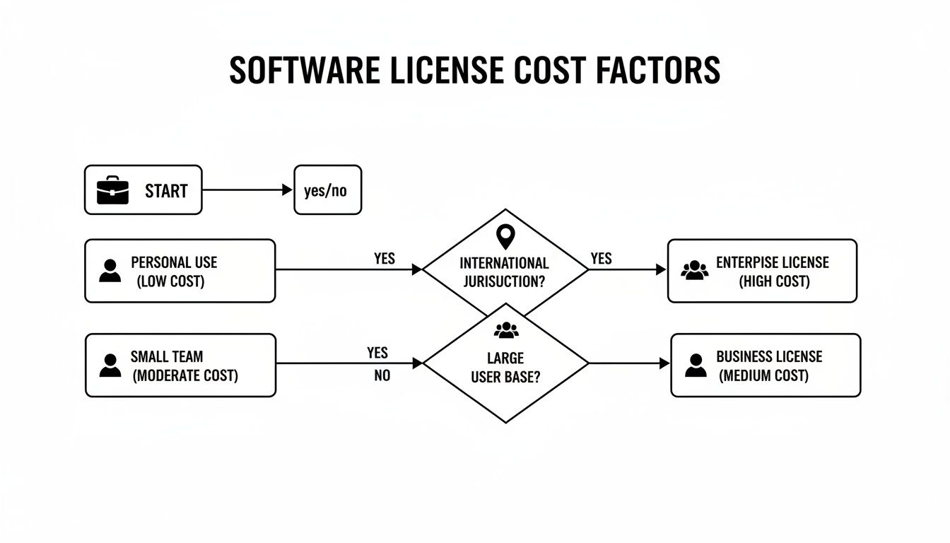 A flowchart detailing software license cost factors based on use, team size, jurisdiction, and user base.