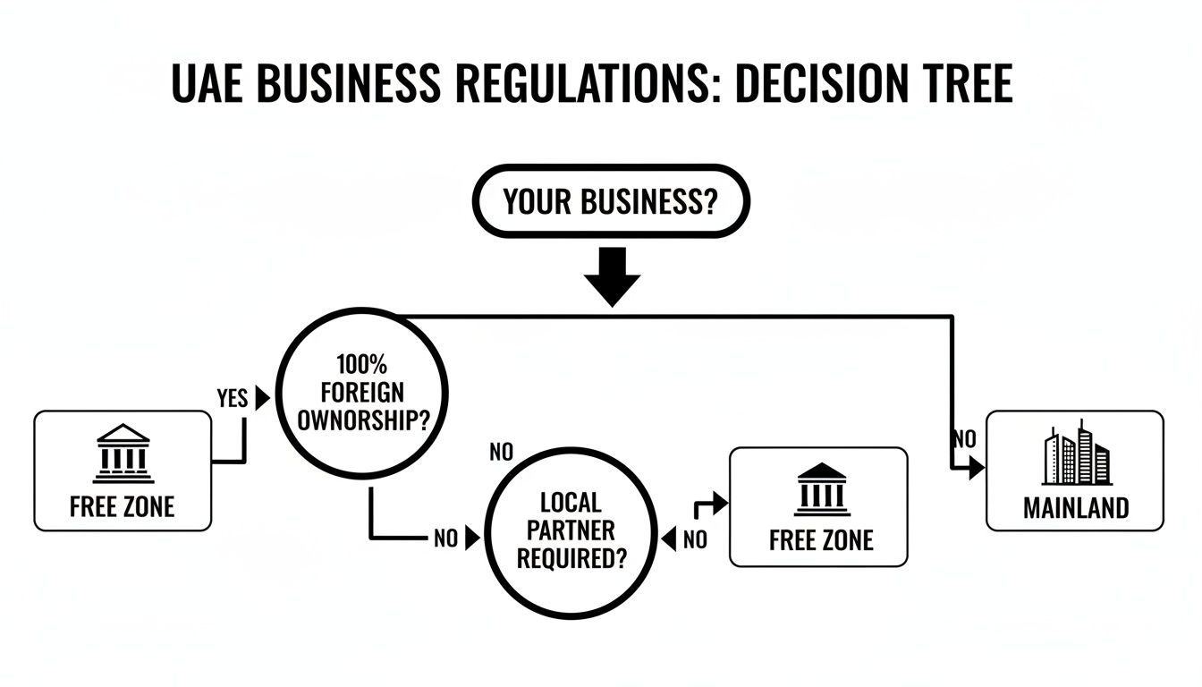 A decision tree flowchart illustrating UAE business regulations for foreign ownership, leading to Free Zone or Mainland options.