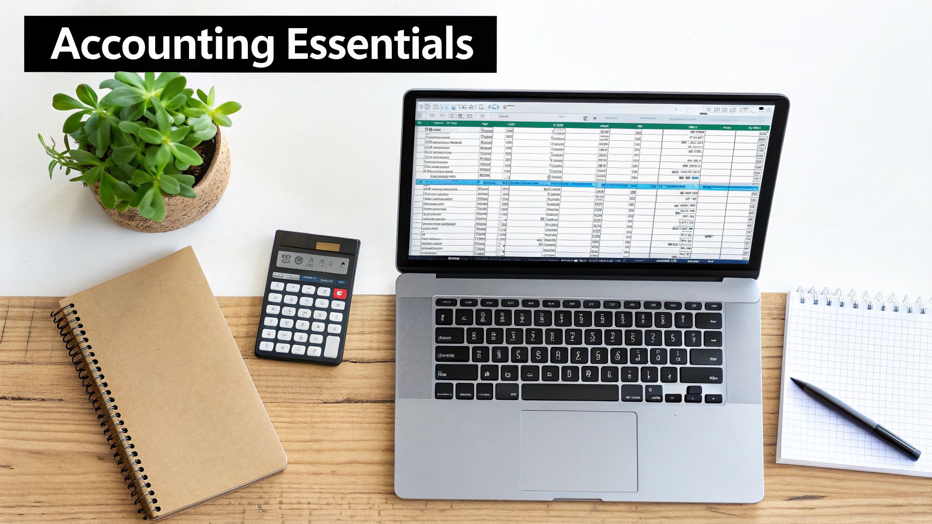 Accounting essentials: laptop with spreadsheet, calculator, notebooks, and plant on a wooden desk.