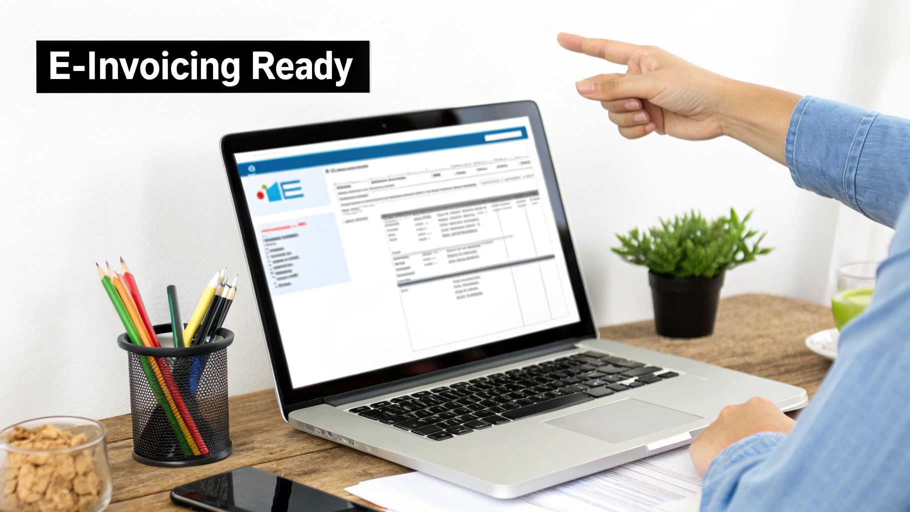 A person's hand points at a laptop screen displaying an e-invoicing software interface.