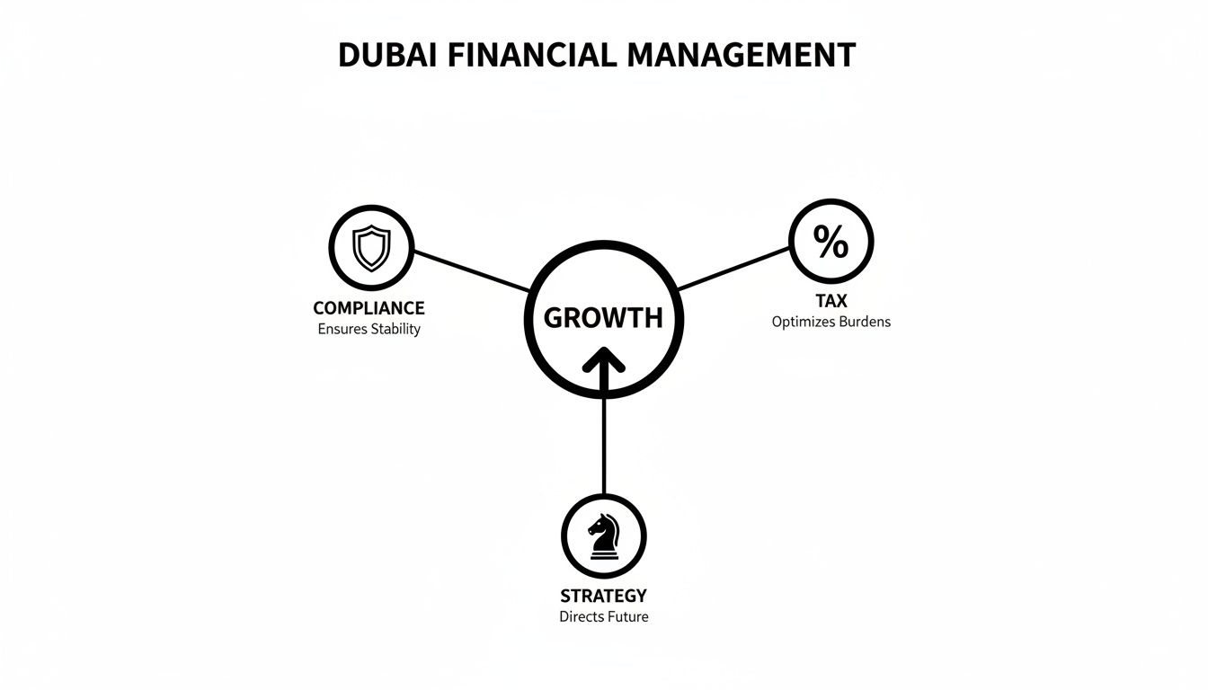 A diagram illustrating Dubai Financial Management's focus on growth, driven by compliance, tax optimization, and strategy.