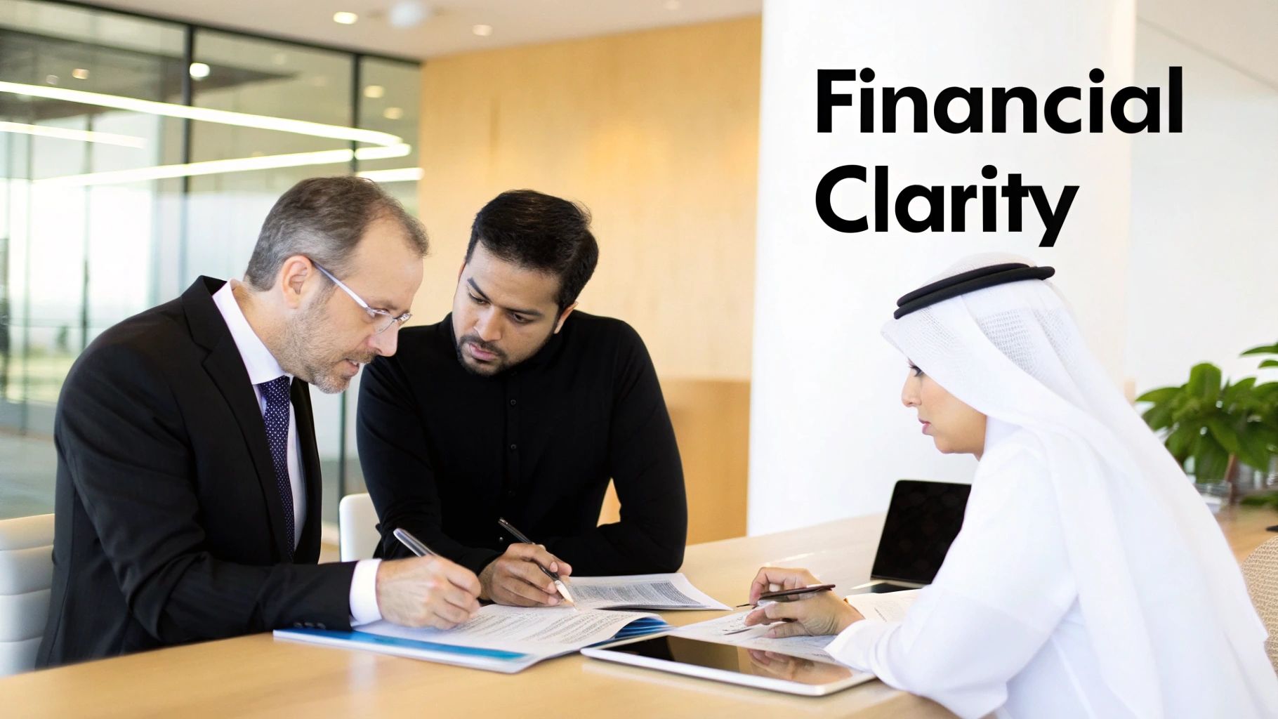 Three professionals, including one in traditional Emirati attire, discuss documents during a financial meeting.