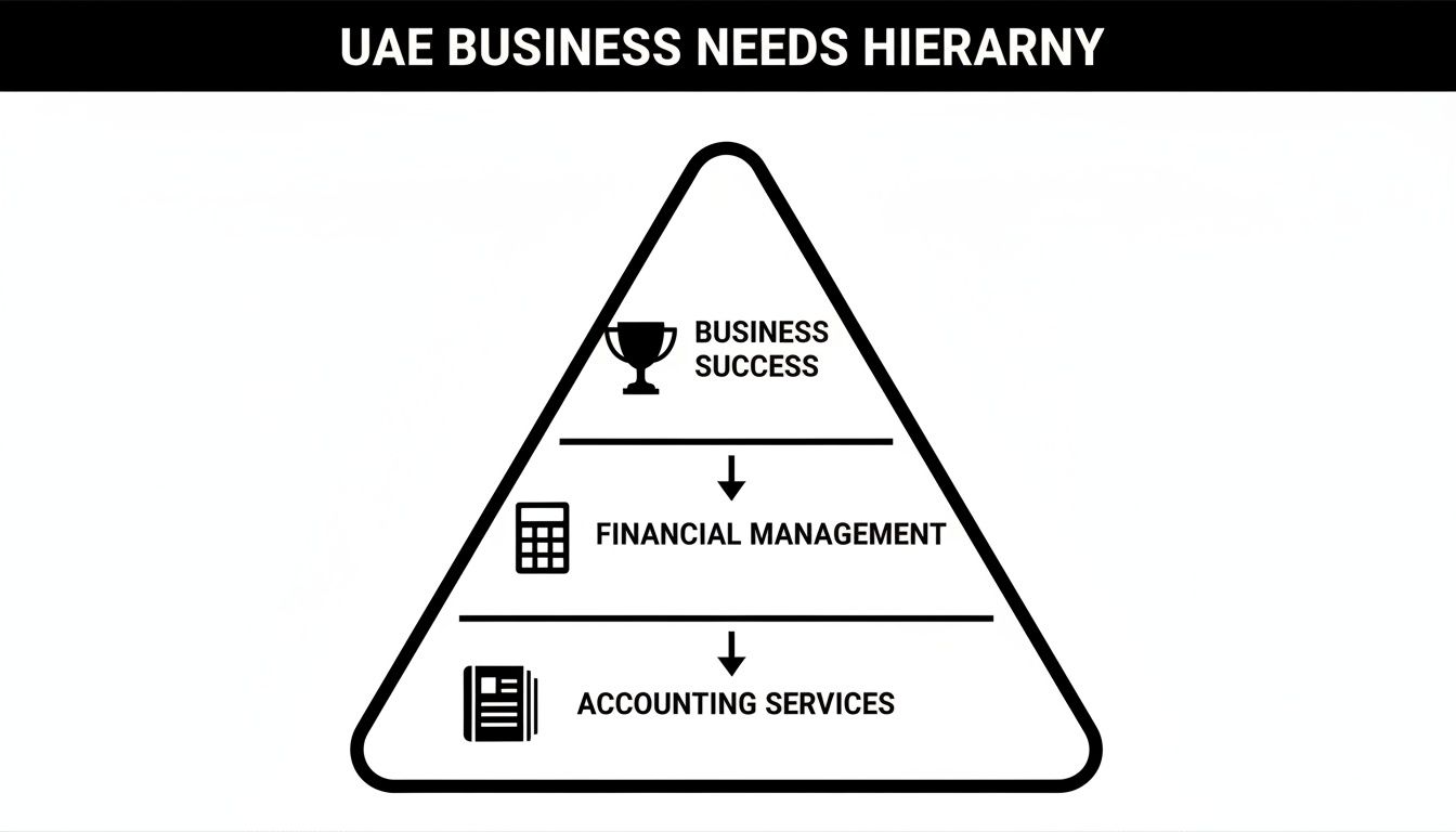 A pyramid diagram illustrating the UAE business needs hierarchy: accounting services, financial management, and business success.
