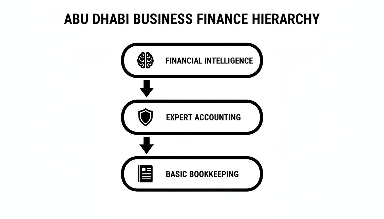 A hierarchical diagram illustrating Abu Dhabi business finance from intelligence to bookkeeping.