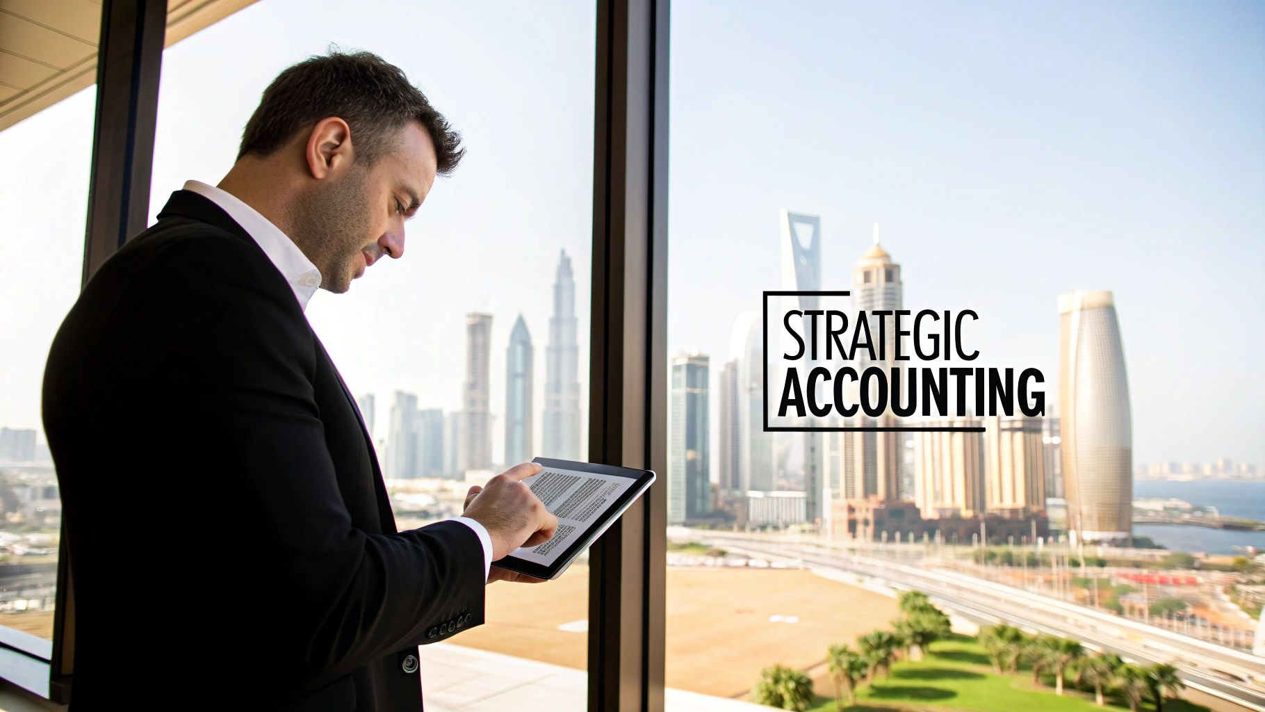 A businessman in a suit uses a tablet by a window overlooking a modern city skyline. Text: Strategic Accounting.