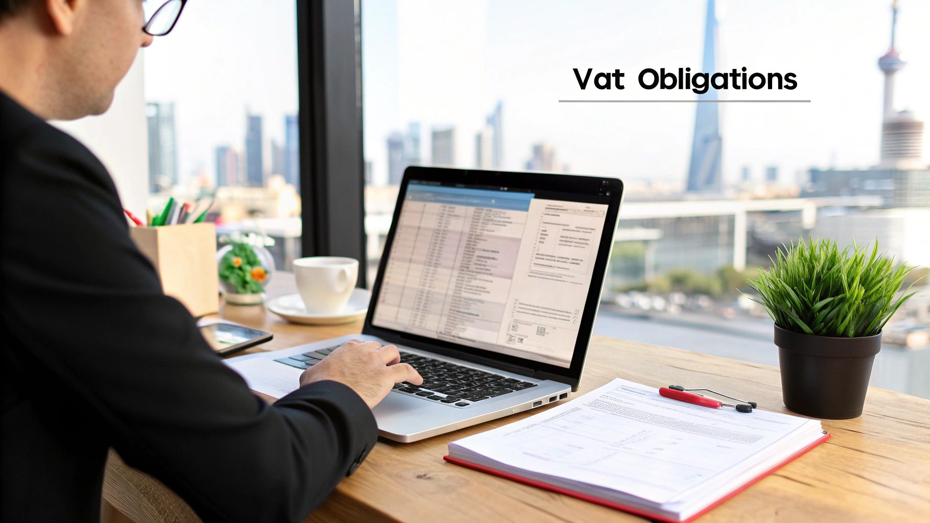 Man in glasses working on a laptop at a modern office desk with city skyline view, reviewing VAT tax obligations documents.
