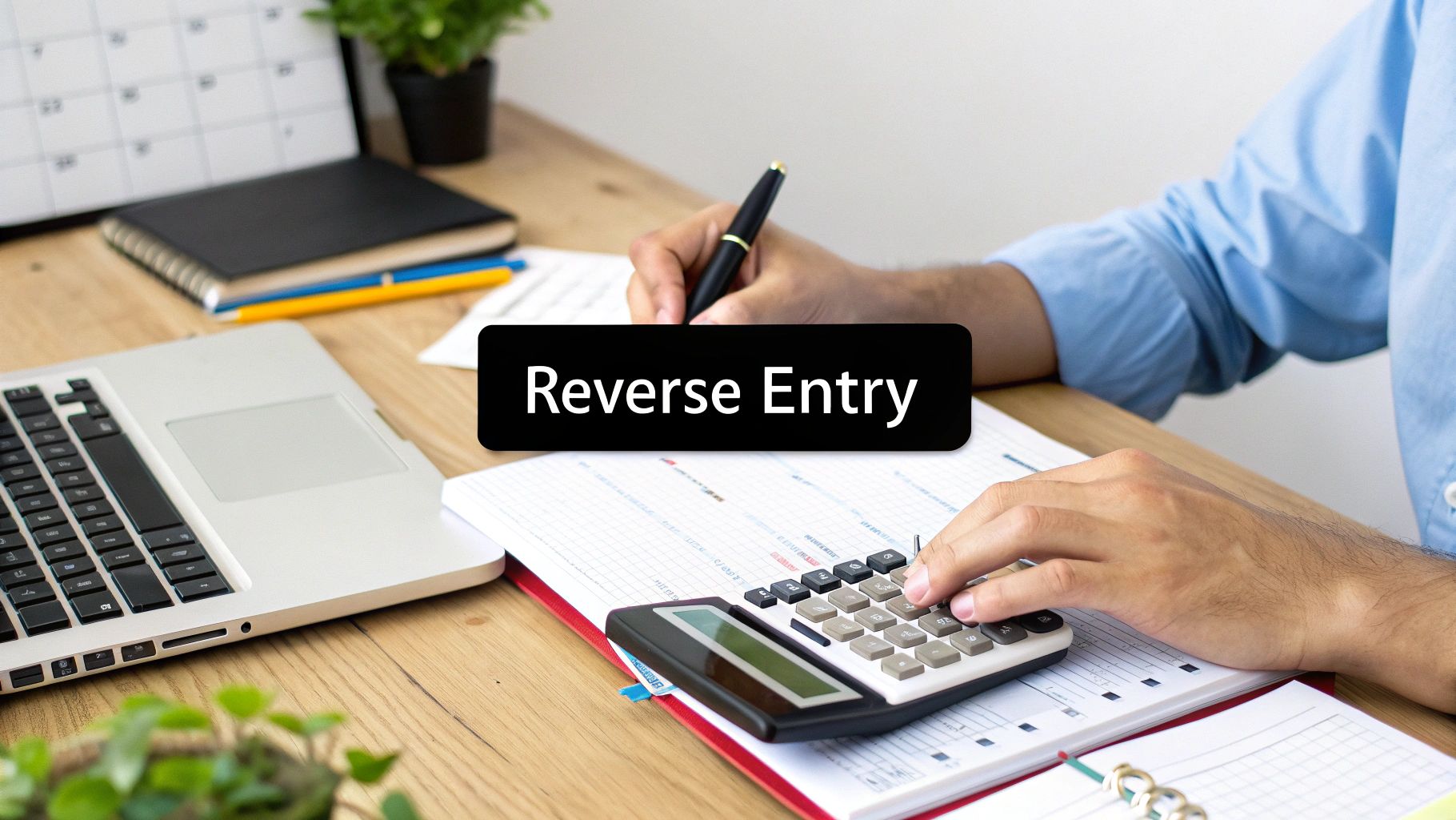 A person calculates and writes at a desk with a laptop, showing a 'Reverse Entry' banner.
