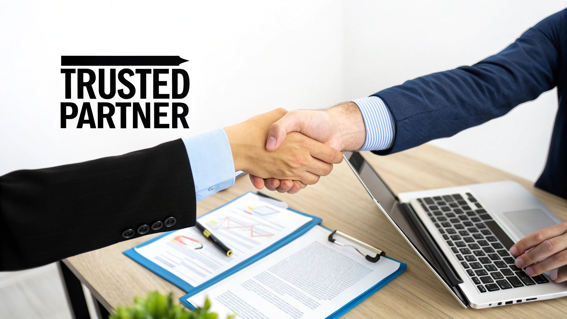 Business professionals shaking hands with 'TRUSTED PARTNER' text, signifying a reliable collaboration.
