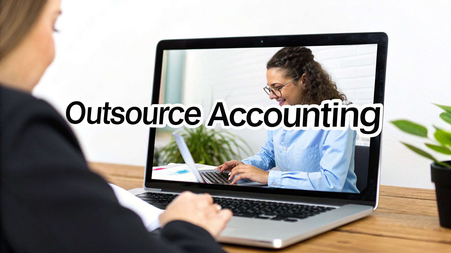 Woman using laptop, viewing another woman typing on screen with 'Outsource Accounting' text.