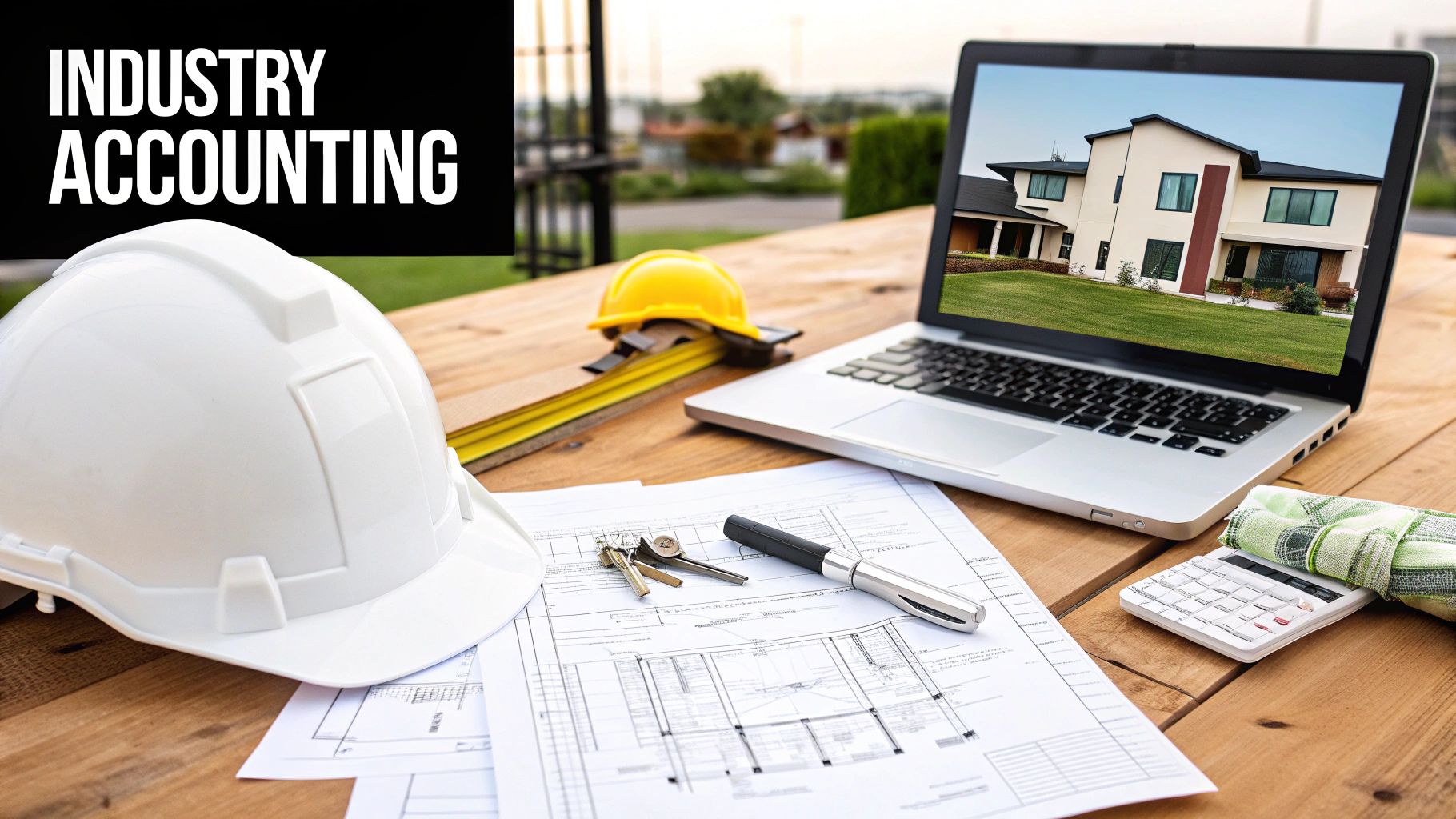 Industry accounting concept: hard hat, blueprints, laptop with house, calculator, and keys on a wooden table.