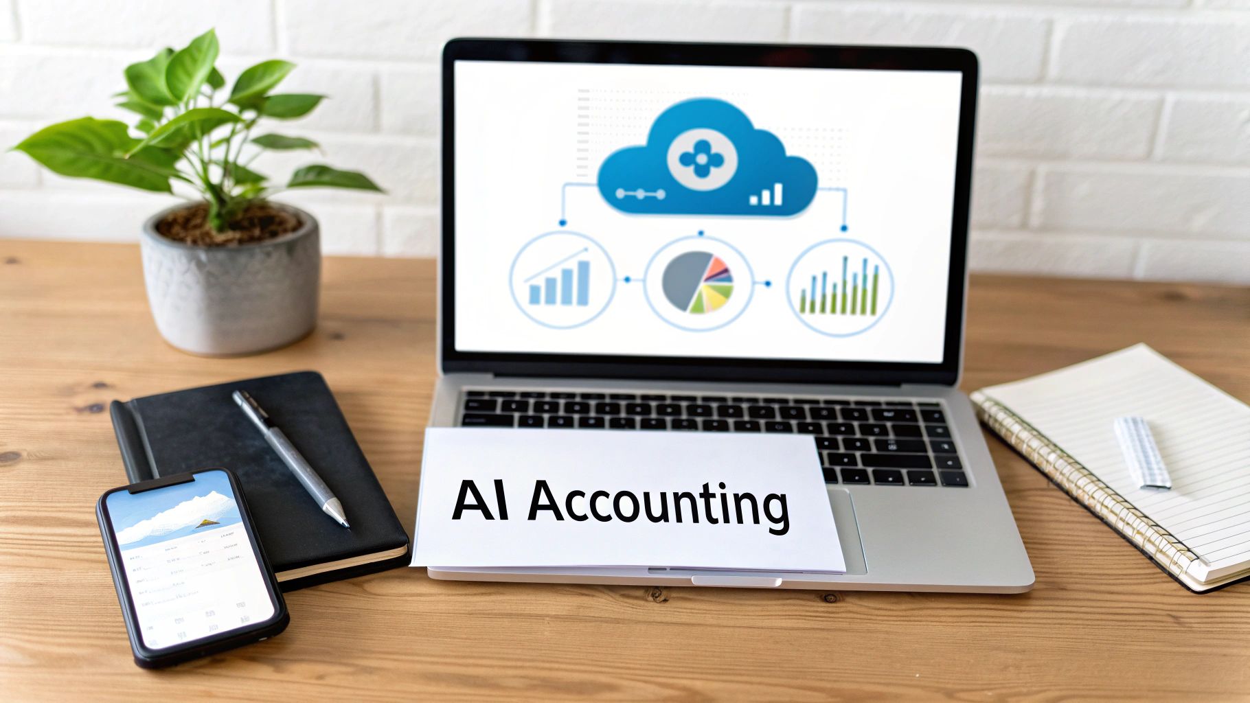 AI accounting software displaying cloud analytics and financial charts on laptop screen with office workspace