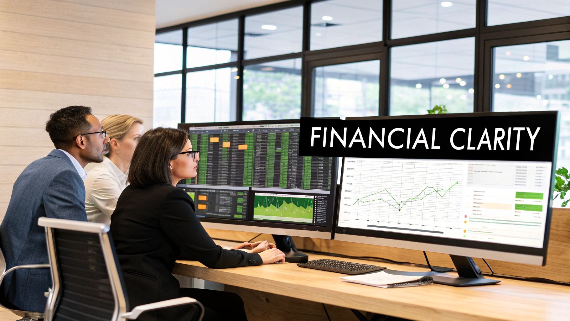 A team collaborating around a computer screen showing financial charts, representing the efficiency of Odoo Accounting in a UAE business setting.