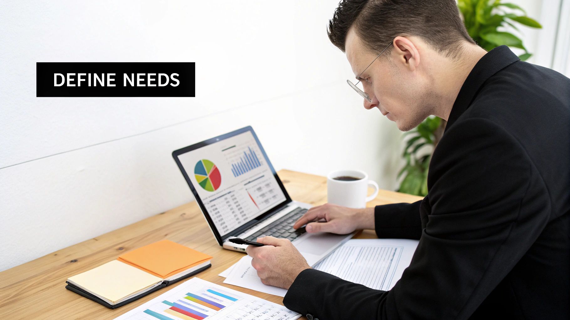 A person at a desk reviewing financial documents and using a calculator, illustrating the process of defining business financial needs.