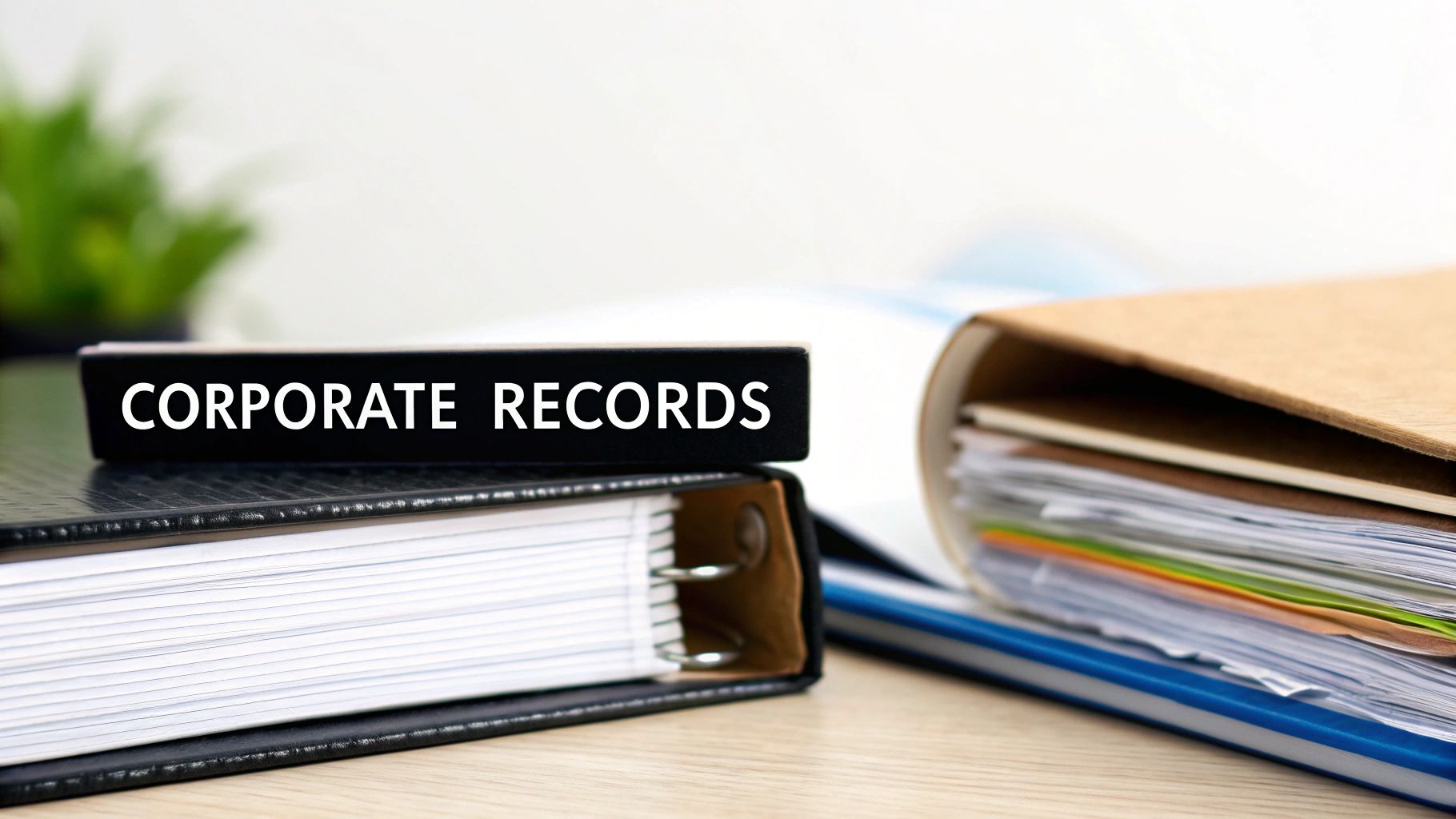 Close-up of office binders and files, with one labeled 'CORPORATE RECORDS' on a desk.