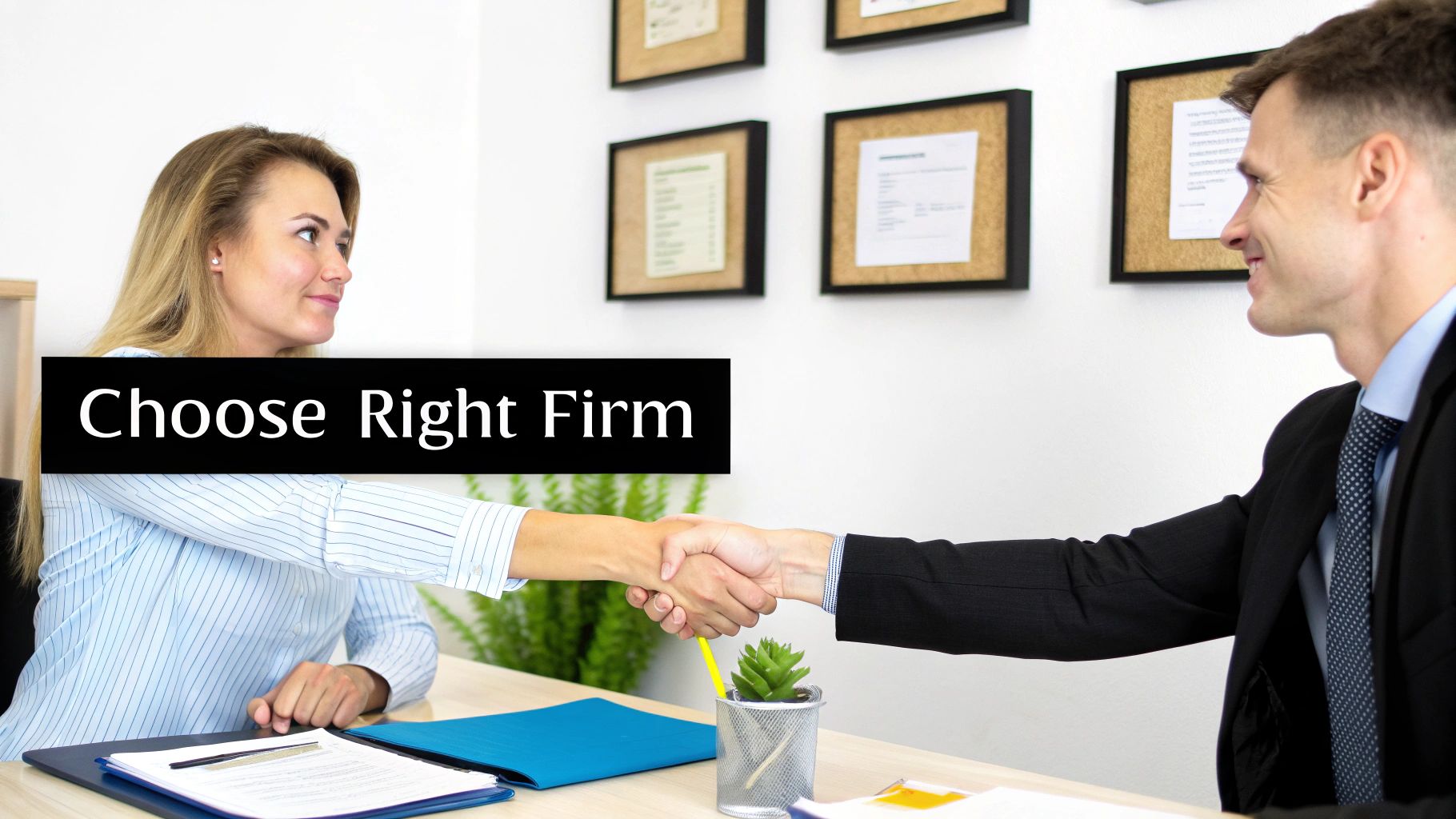 Two professionals, a man and a woman, shaking hands across a desk in a business setting.