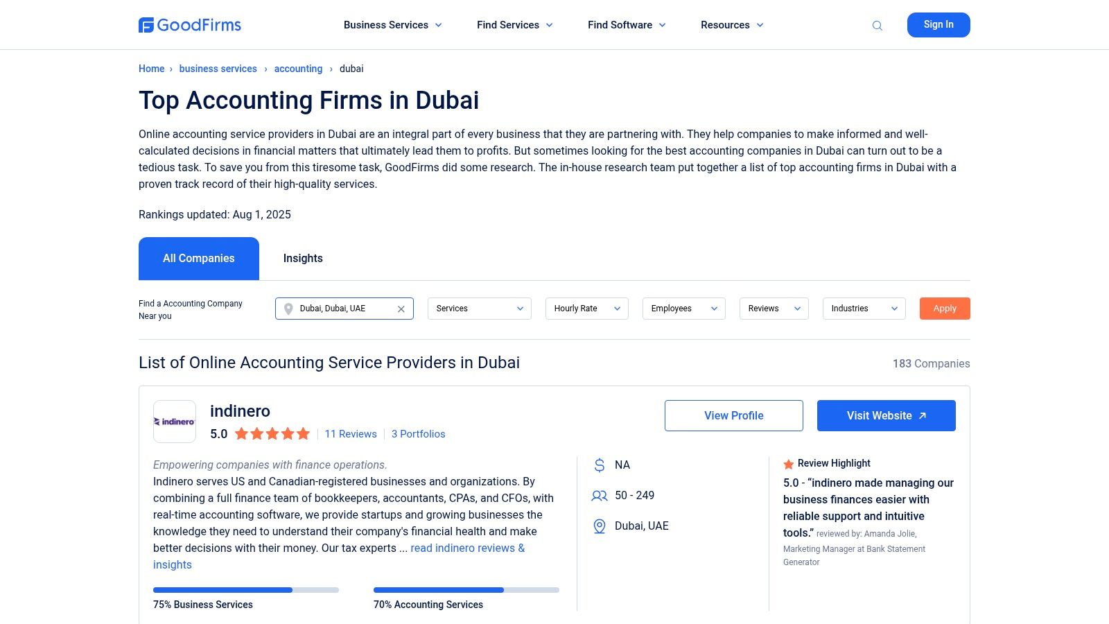 GoodFirms platform showing a list of accounting companies in Dubai