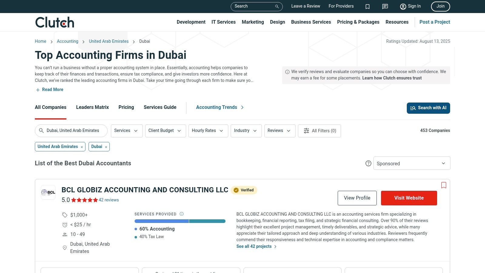 Clutch platform showing a list of accounting firms in Dubai
