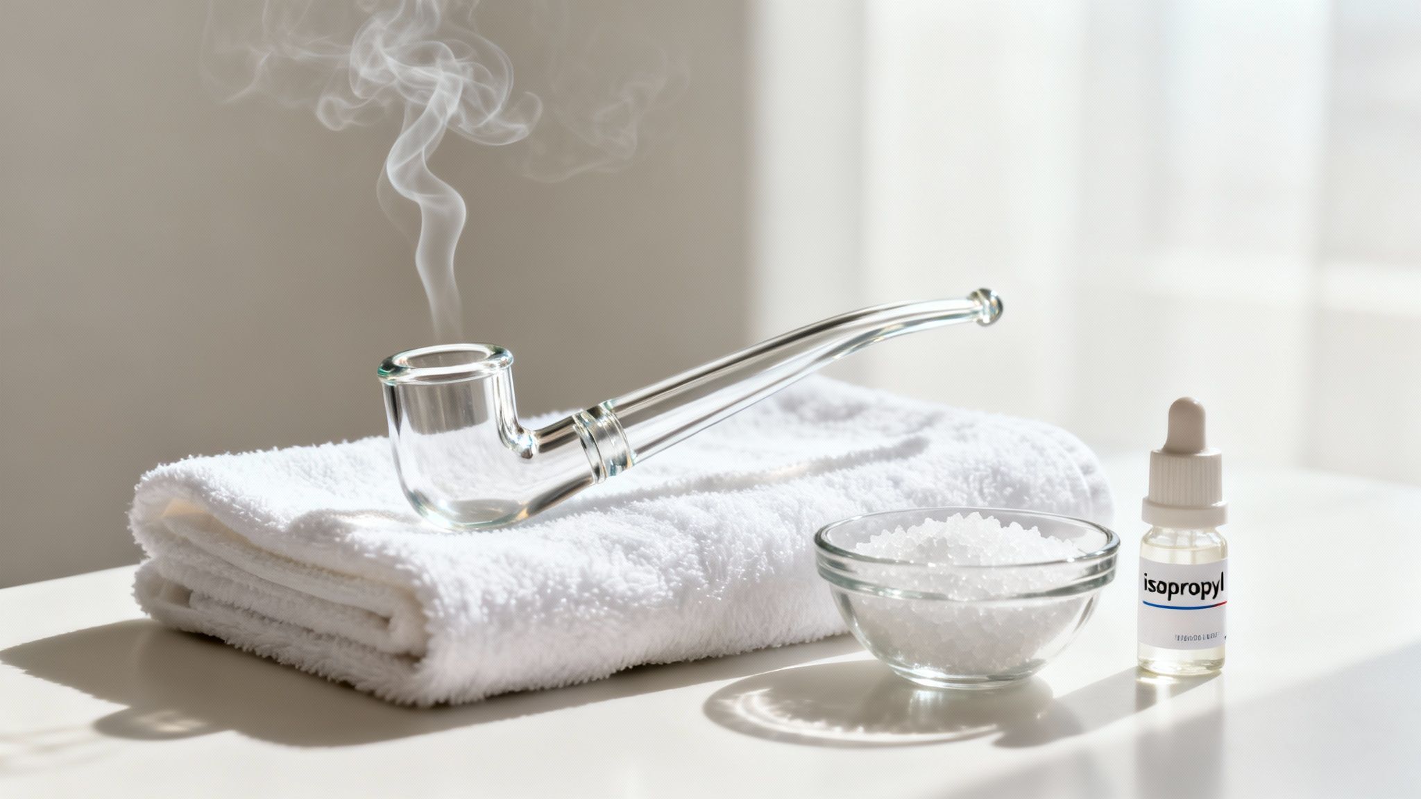 Clear glass pipe emitting smoke, with salt, isopropyl alcohol, and a white towel for cleaning.