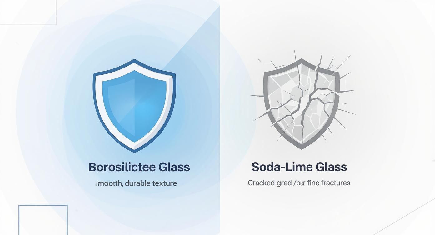 Illustrative comparison: borosilicate glass (durable shield) versus soda-lime glass (cracked shield).