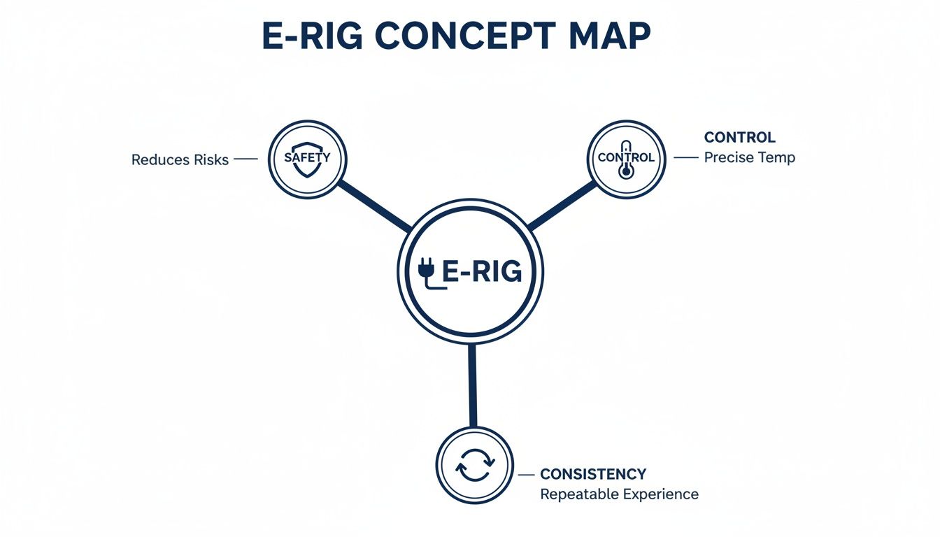 An E-Rig concept map showing benefits: safety, control for precise temperature, and consistency.