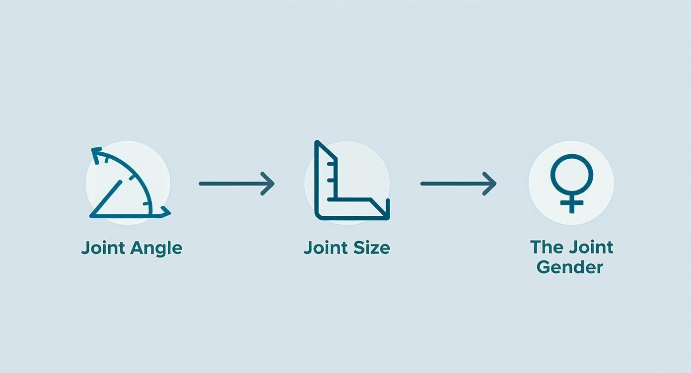 Diagram illustrating a progression from Joint Angle, to Joint Size, to The Joint Gender with icons.