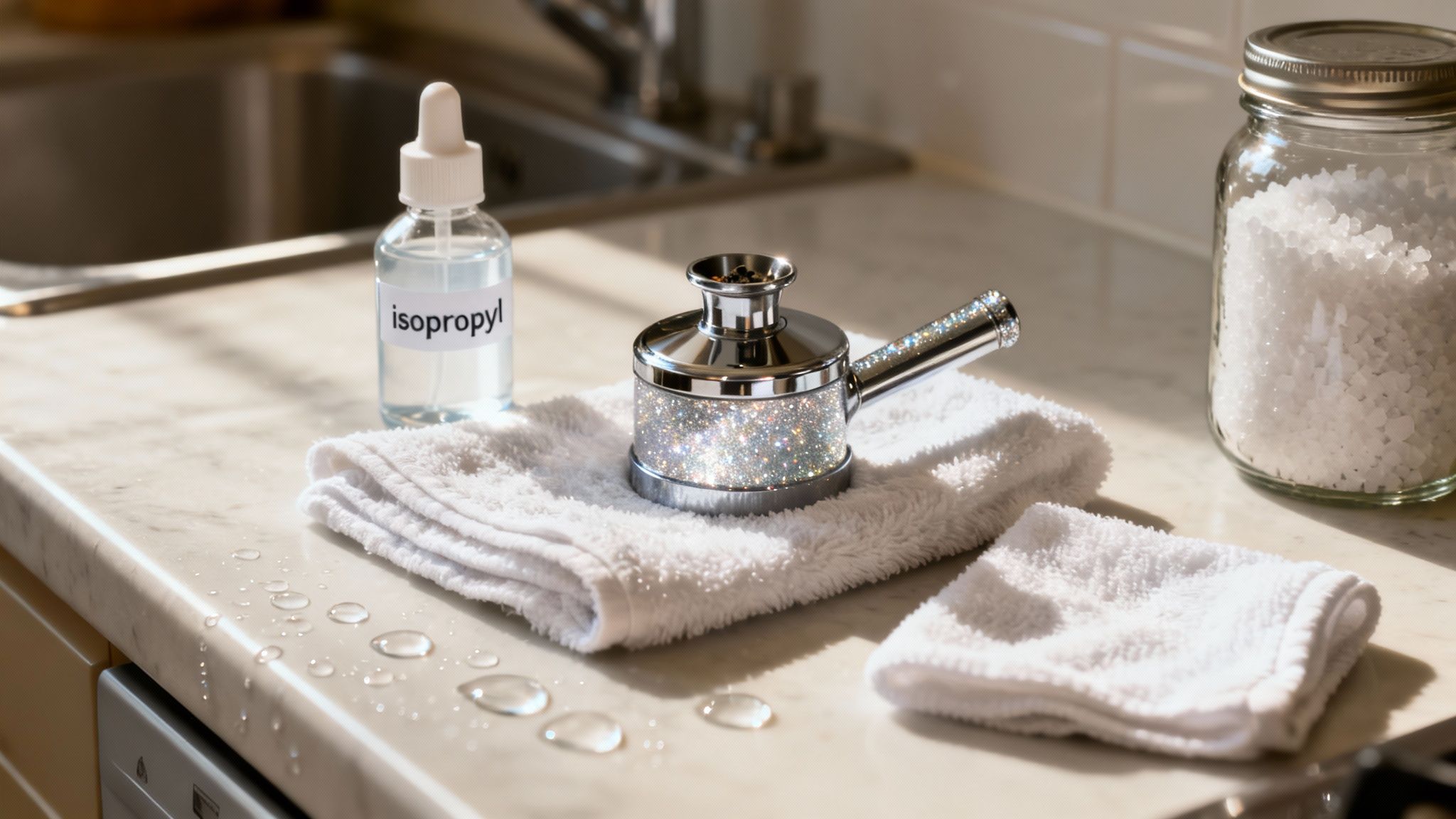 Cleaning supplies for a sparkly ash catcher: isopropyl alcohol, salt, and towels on a counter.