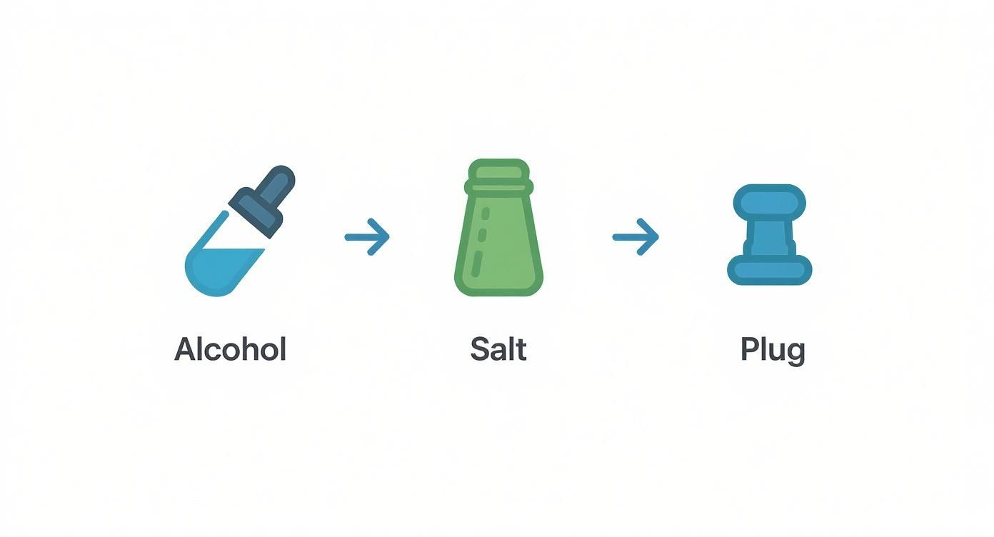 A sequence of icons: a dropper with alcohol, an arrow, a salt shaker, an arrow, and a blue plug. Illustrates supplies for a cleaning process.