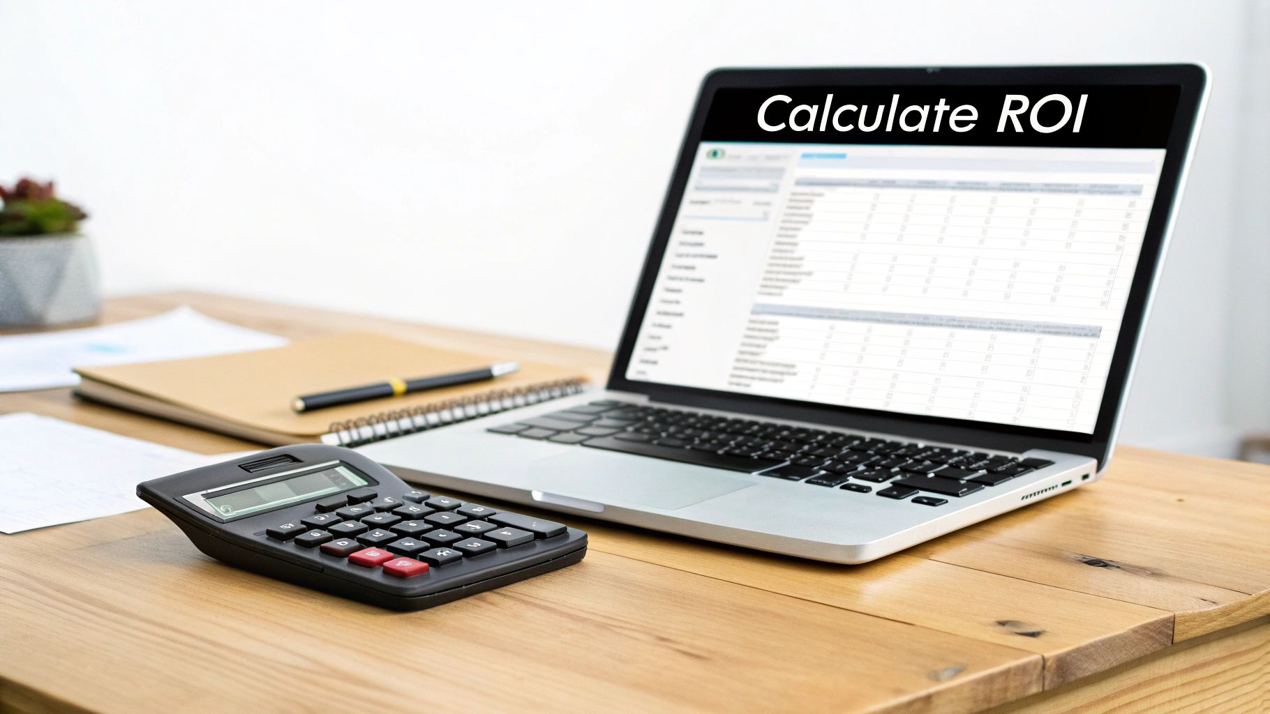 Laptop displaying spreadsheet with calculator on wooden desk for calculating social media ROI