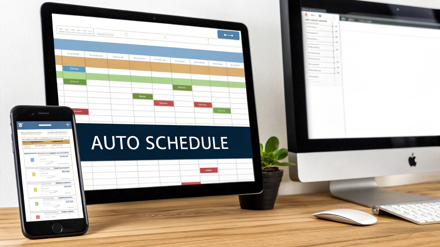 Modern workspace with tablet displaying a colorful schedule, smartphone, and desktop computer for digital tasks.