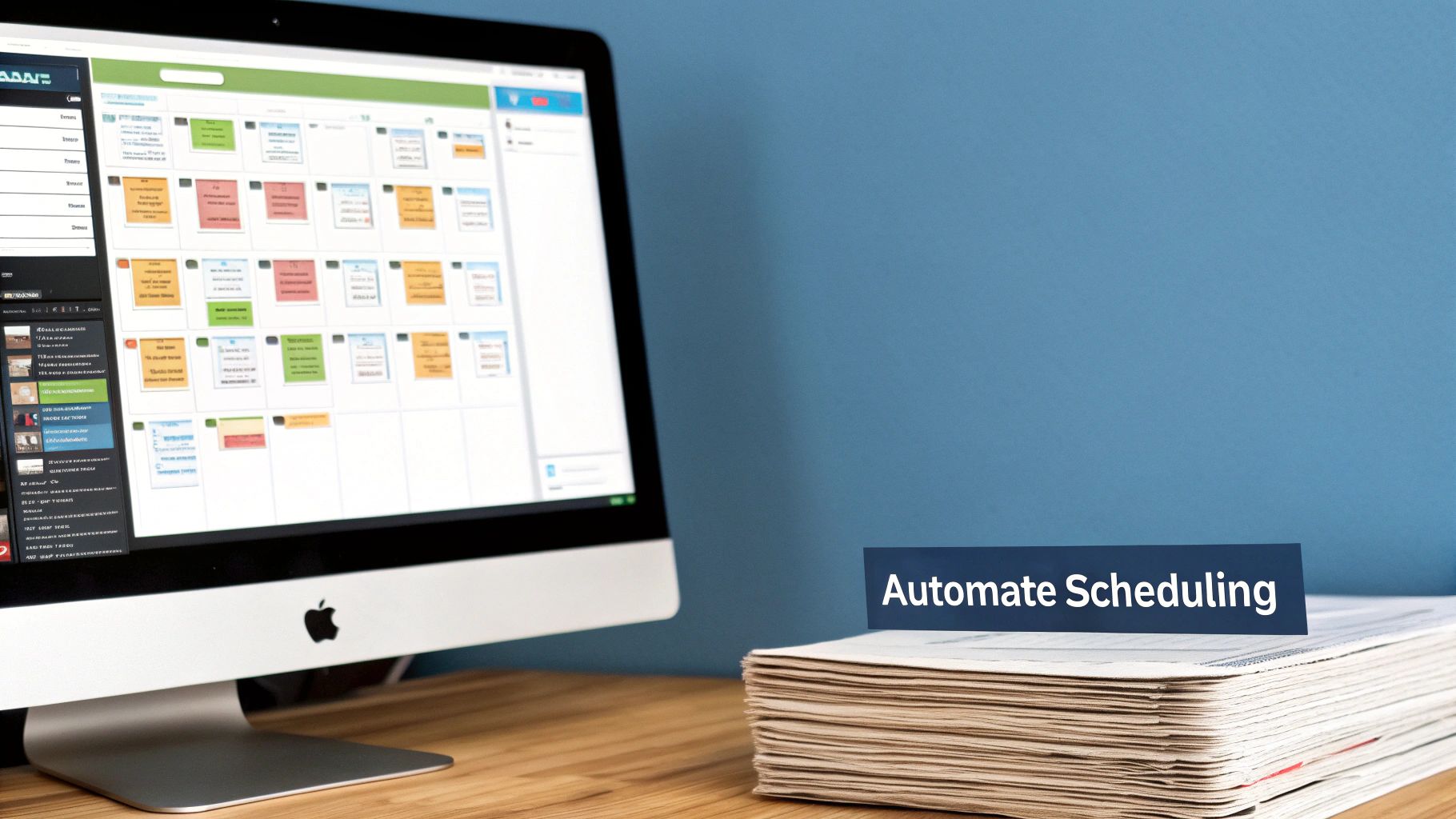A computer screen displays a content calendar application next to a stack of papers and an 'Automate Scheduling' sign.