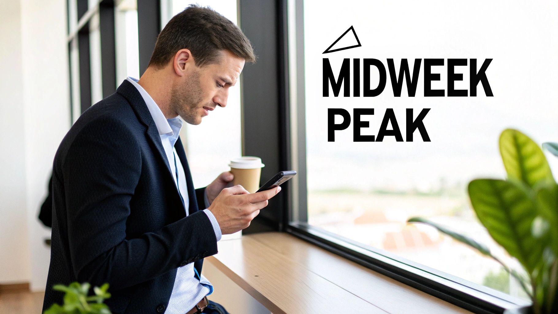 A professional man checking his phone and drinking coffee beside a large window.
