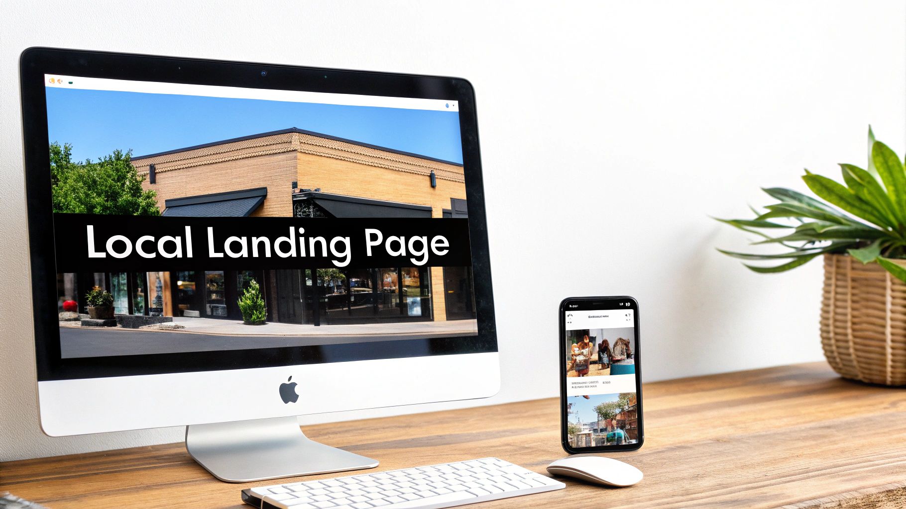 Desktop computer and smartphone on a wooden desk, displaying a 'Local Landing Page' and social media content.