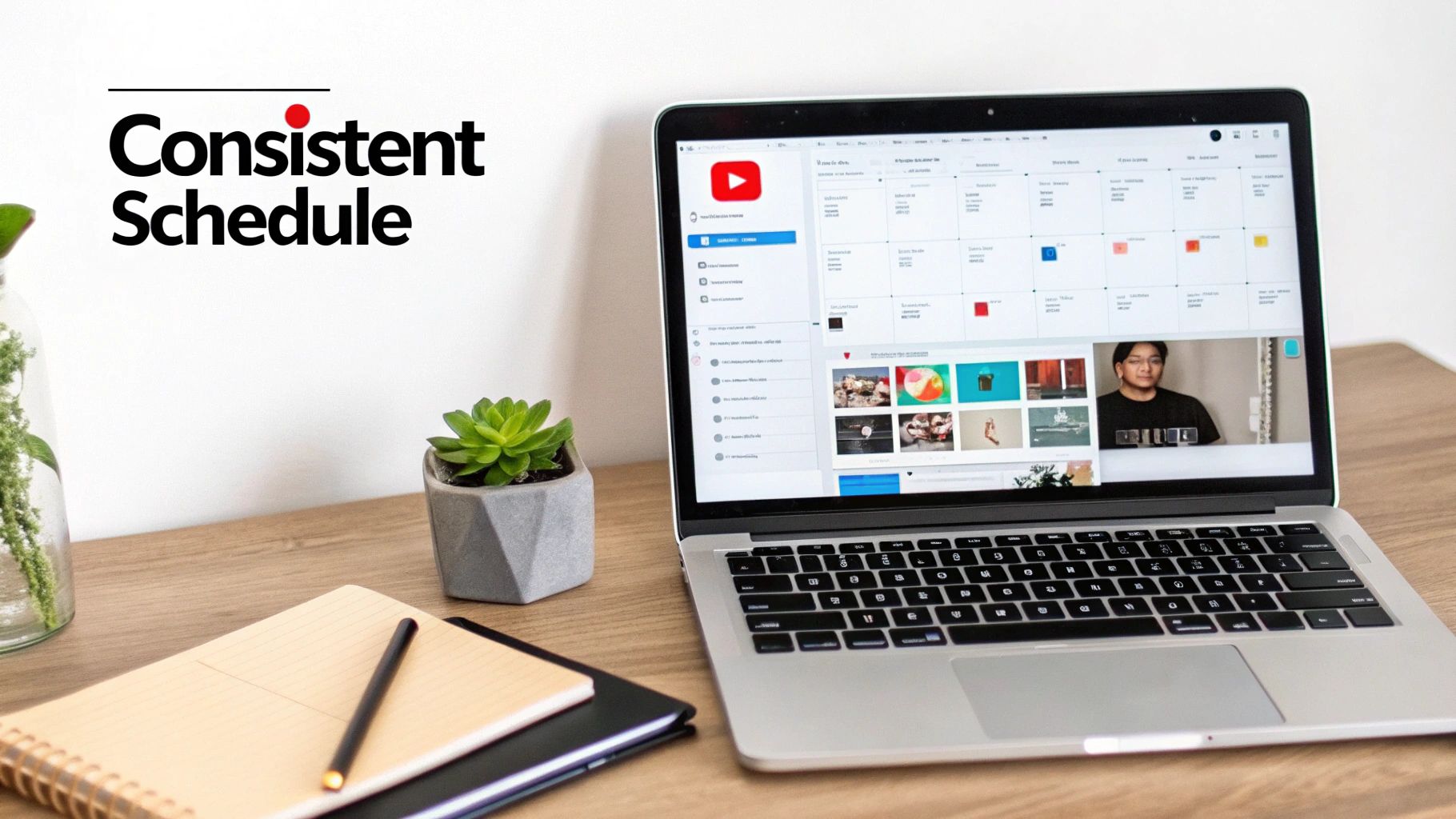 Text 'Consistent Schedule' with a laptop displaying a YouTube content calendar on a wooden desk.