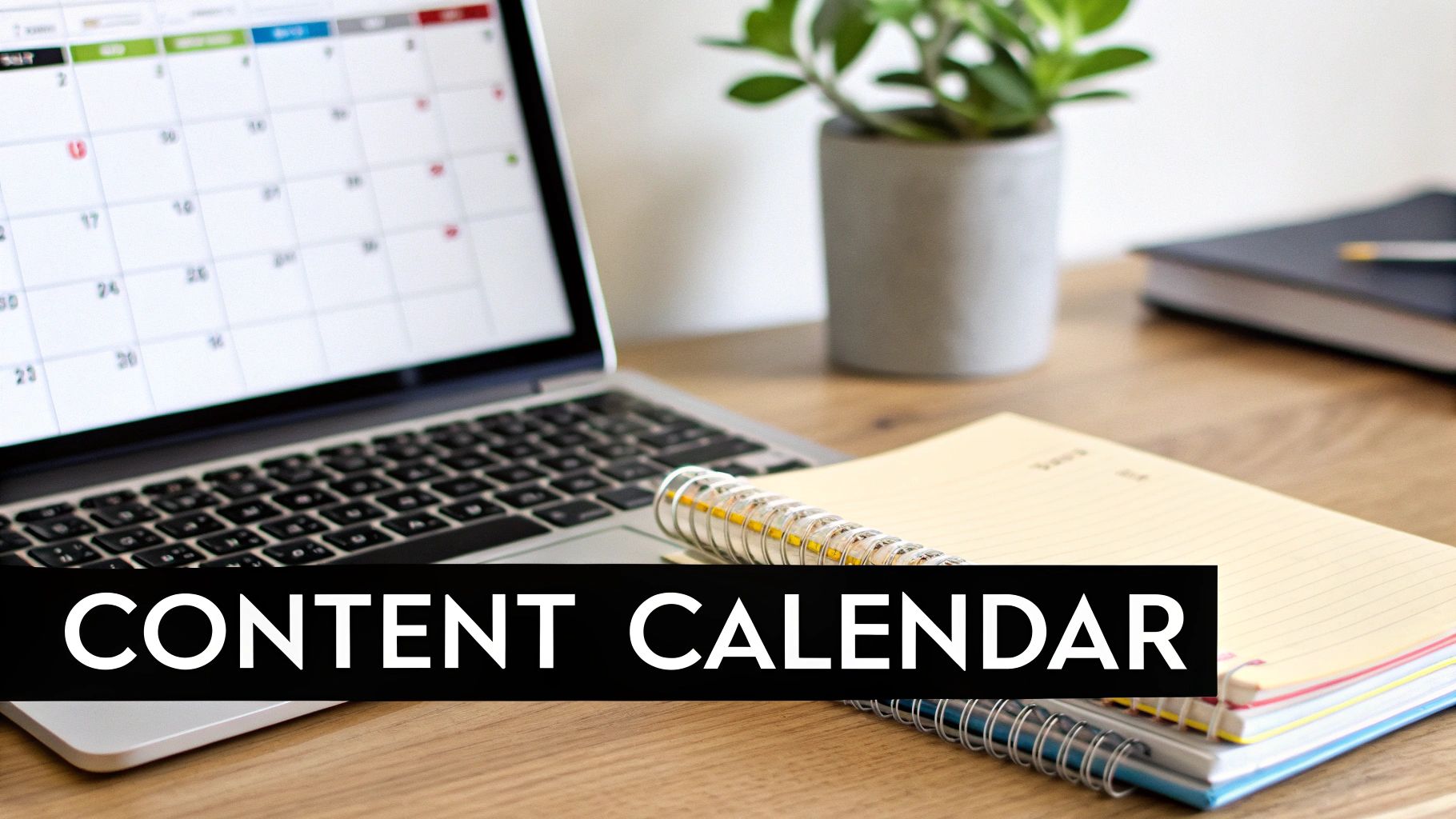 A social media manager at a desk, surrounded by screens showing various content formats like video, carousels, and graphics, illustrating an efficient workflow.