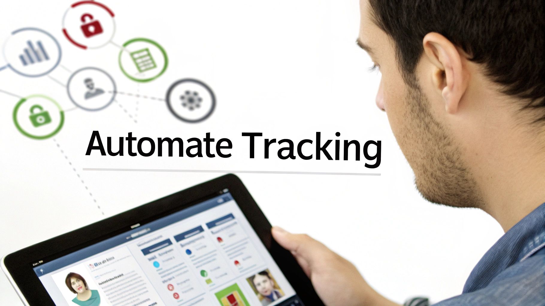 A man views a tablet displaying a social media interface with "Automate Tracking" text and process icons.