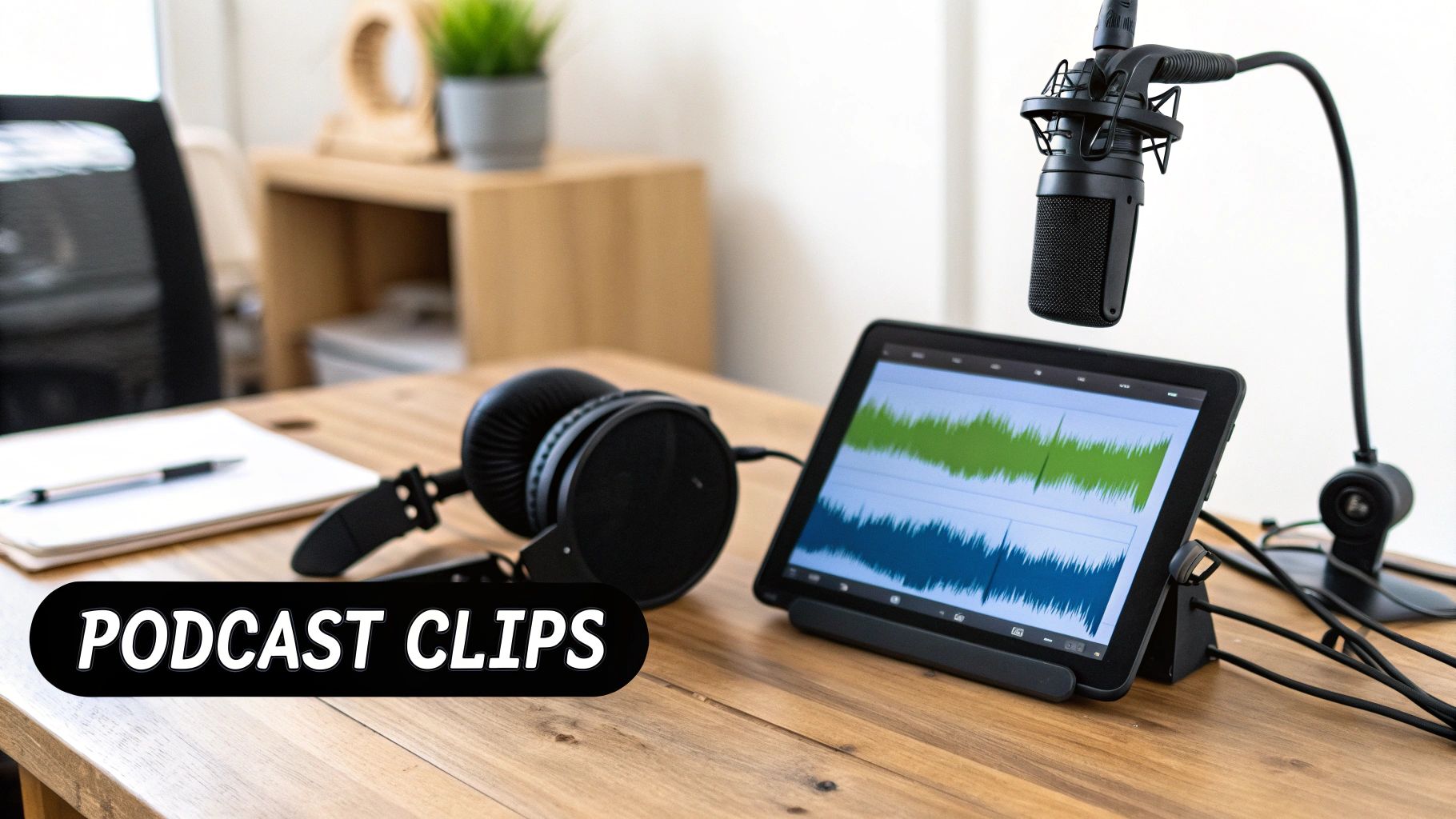 A podcast recording setup with a microphone, headphones, and a tablet displaying audio waveforms on a wooden desk.
