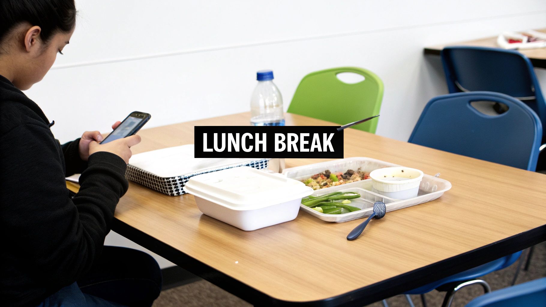 A student uses a phone during lunch break, with a meal tray and water bottle on the table.