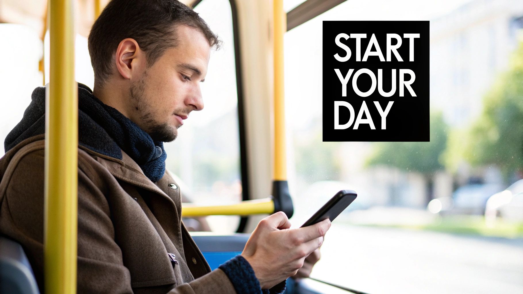 A young man on a bus scrolling on his smartphone, with a motivational text overlay.