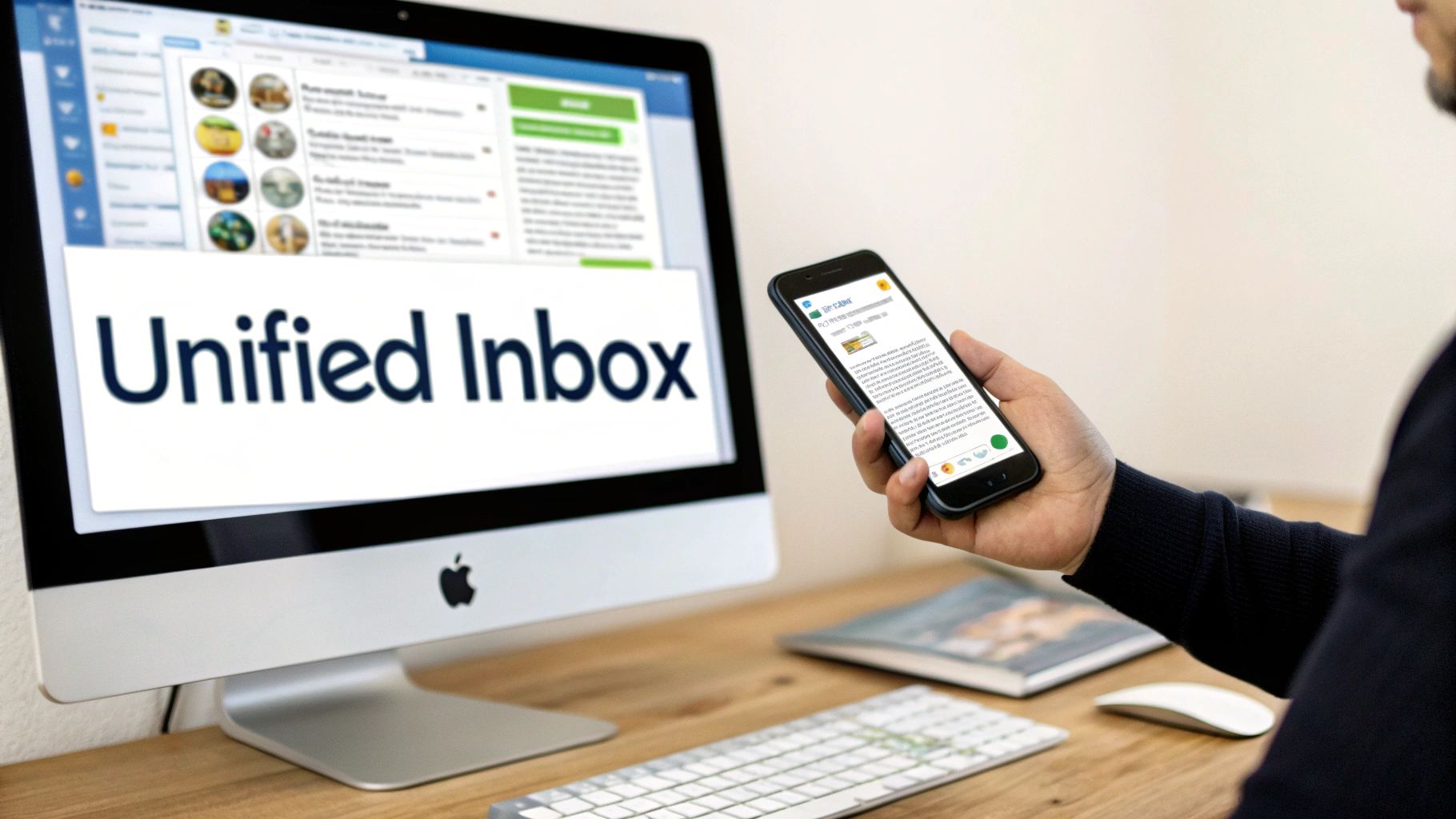Person using a smartphone and computer with a 'Unified Inbox' displayed for managing communications.