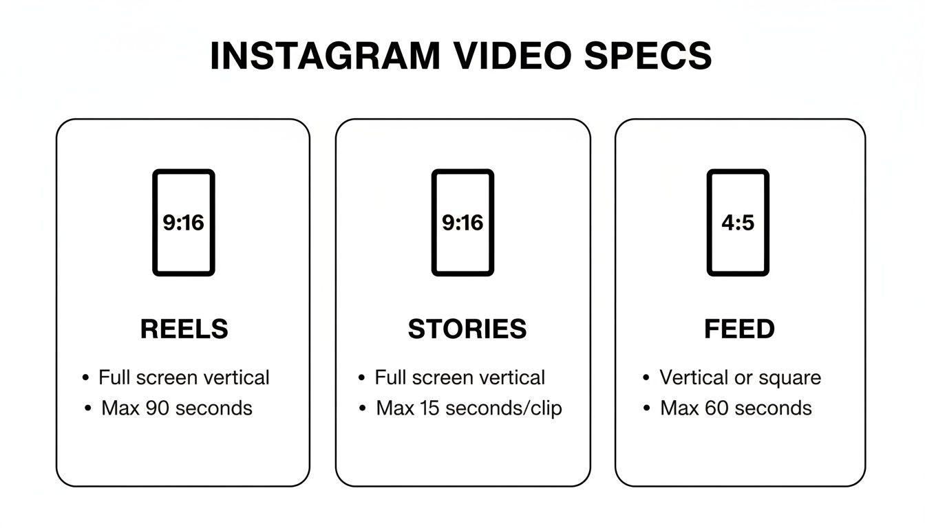 Instagram video specifications for Reels, Stories, and Feed, including aspect ratios and durations.