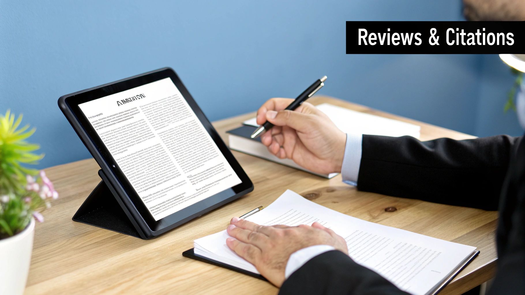 A person reviewing documents on a tablet and paper, with a pen in hand, on a wooden desk.