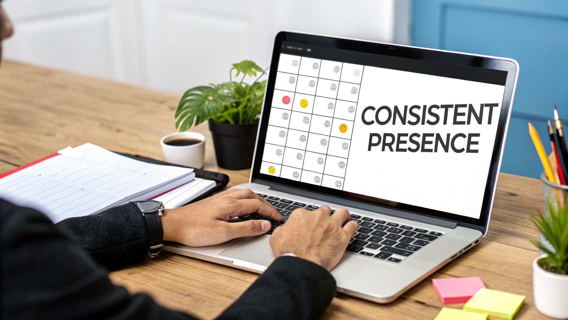 A person works on a laptop displaying a 'CONSISTENT PRESENCE' calendar with highlighted dates.