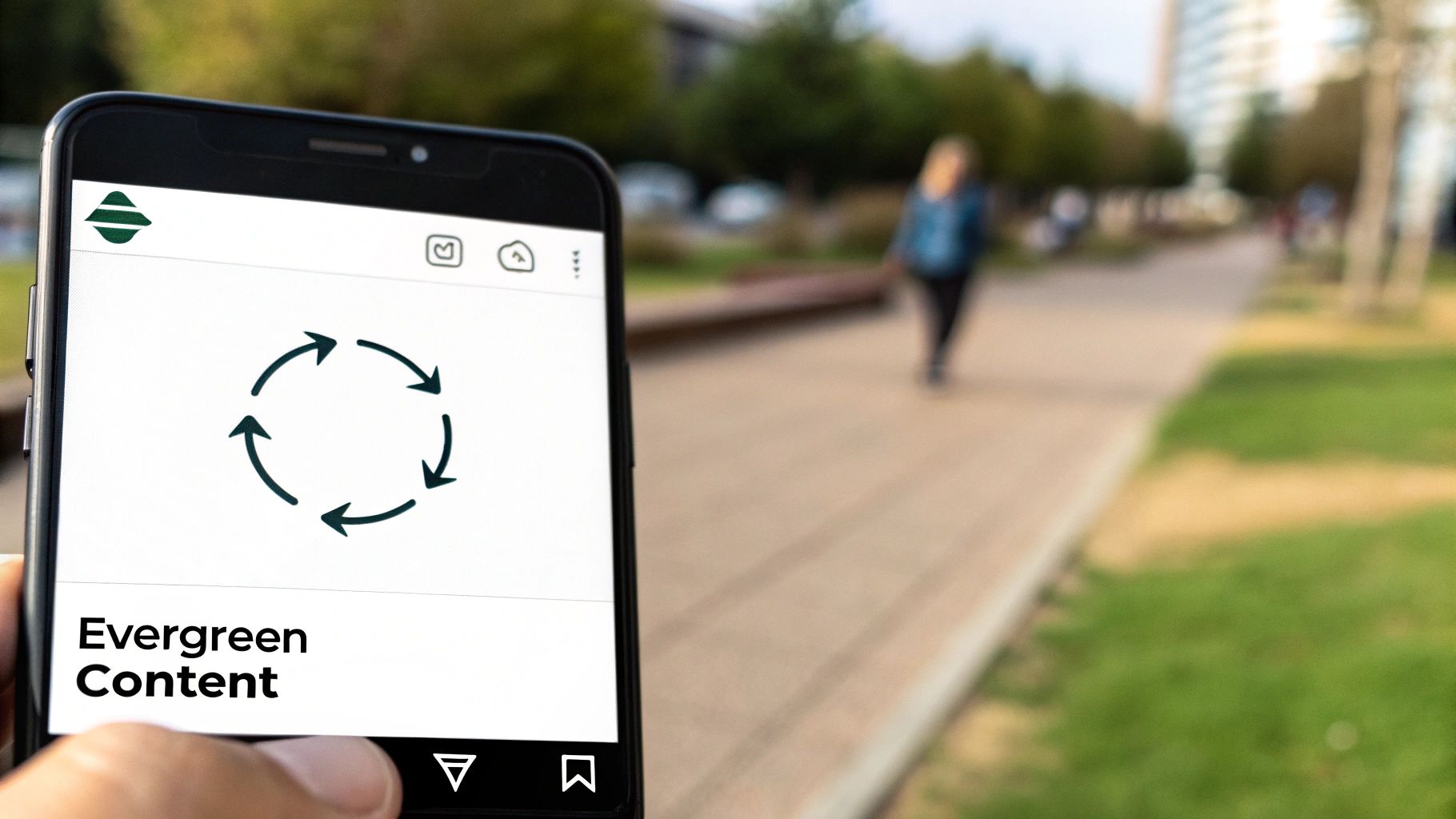 A hand holds a smartphone displaying 'Evergreen Content' and a circular arrow icon outdoors.