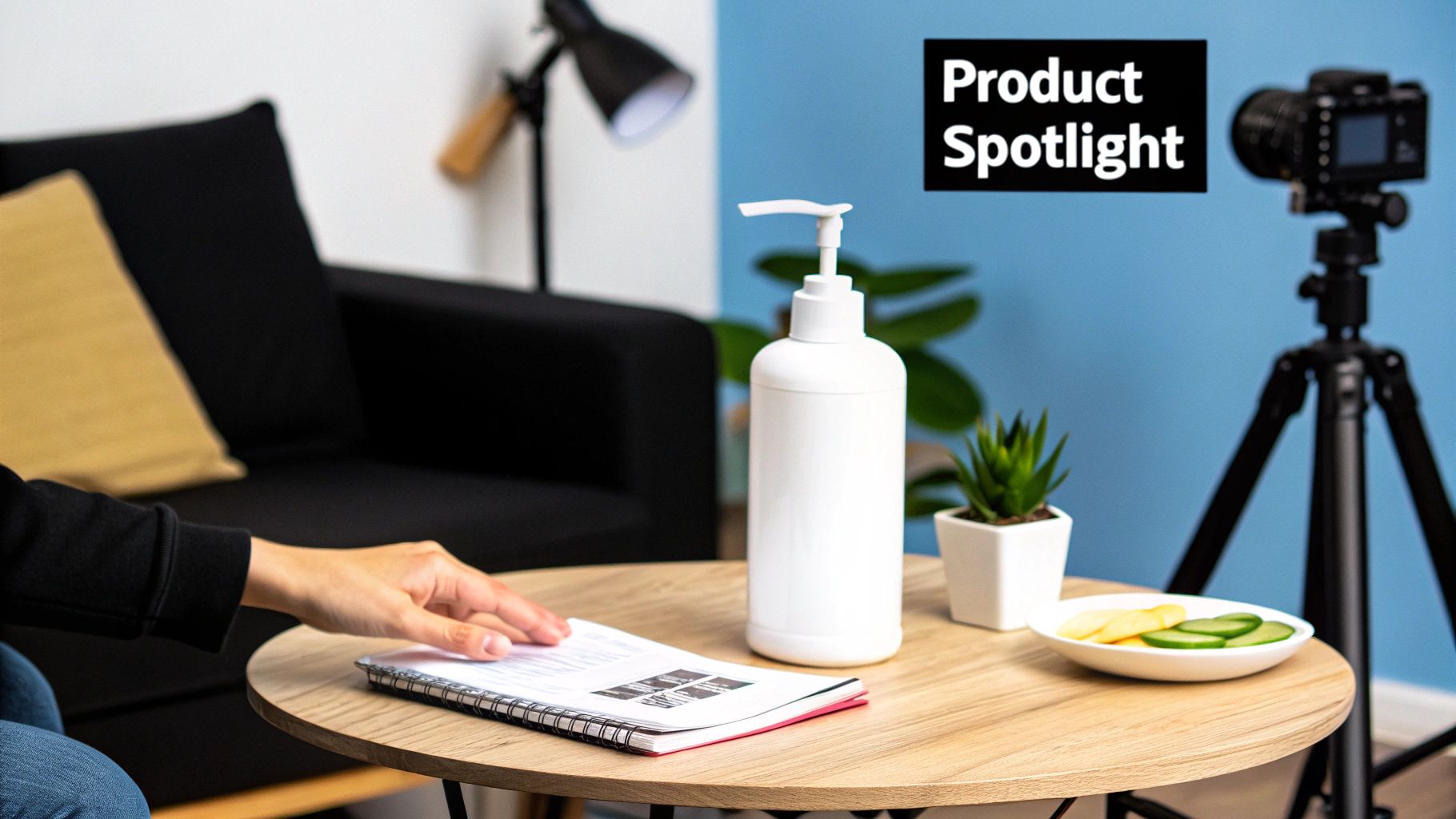 A person prepares a white pump bottle for a product spotlight video shoot with a camera on a tripod.