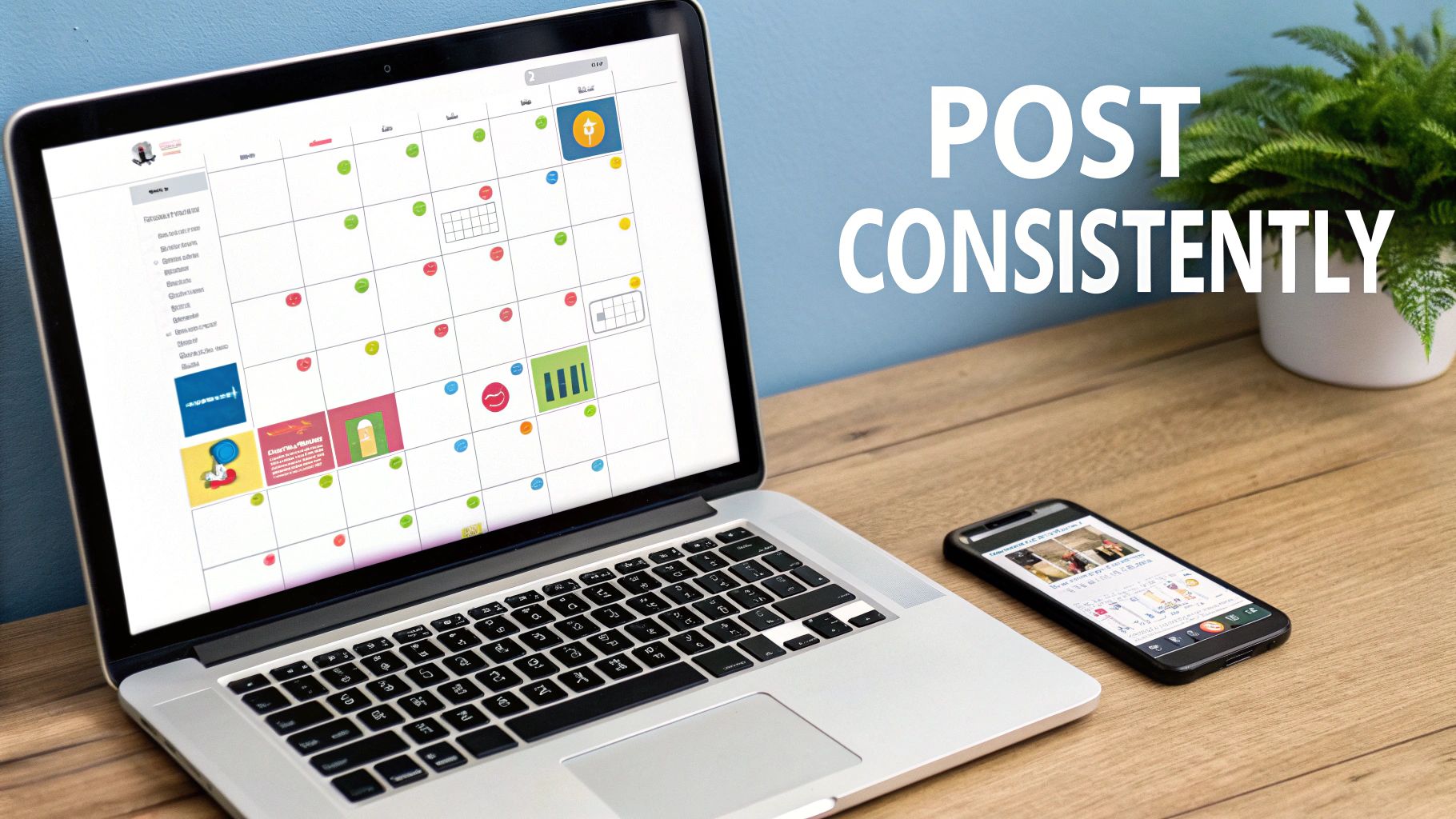 A laptop displays a social media content calendar next to a phone, with text 'POST CONSISTENTLY'.