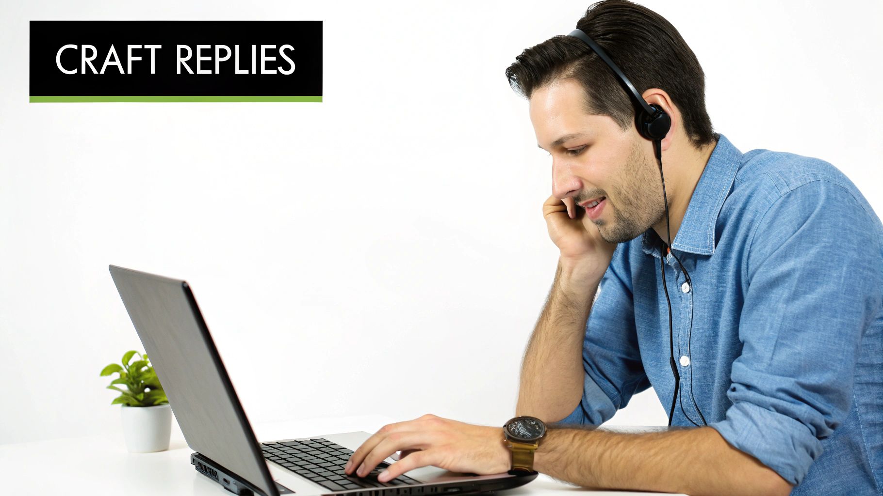 A person thoughtfully writing a response on a laptop, with social media icons floating around them.