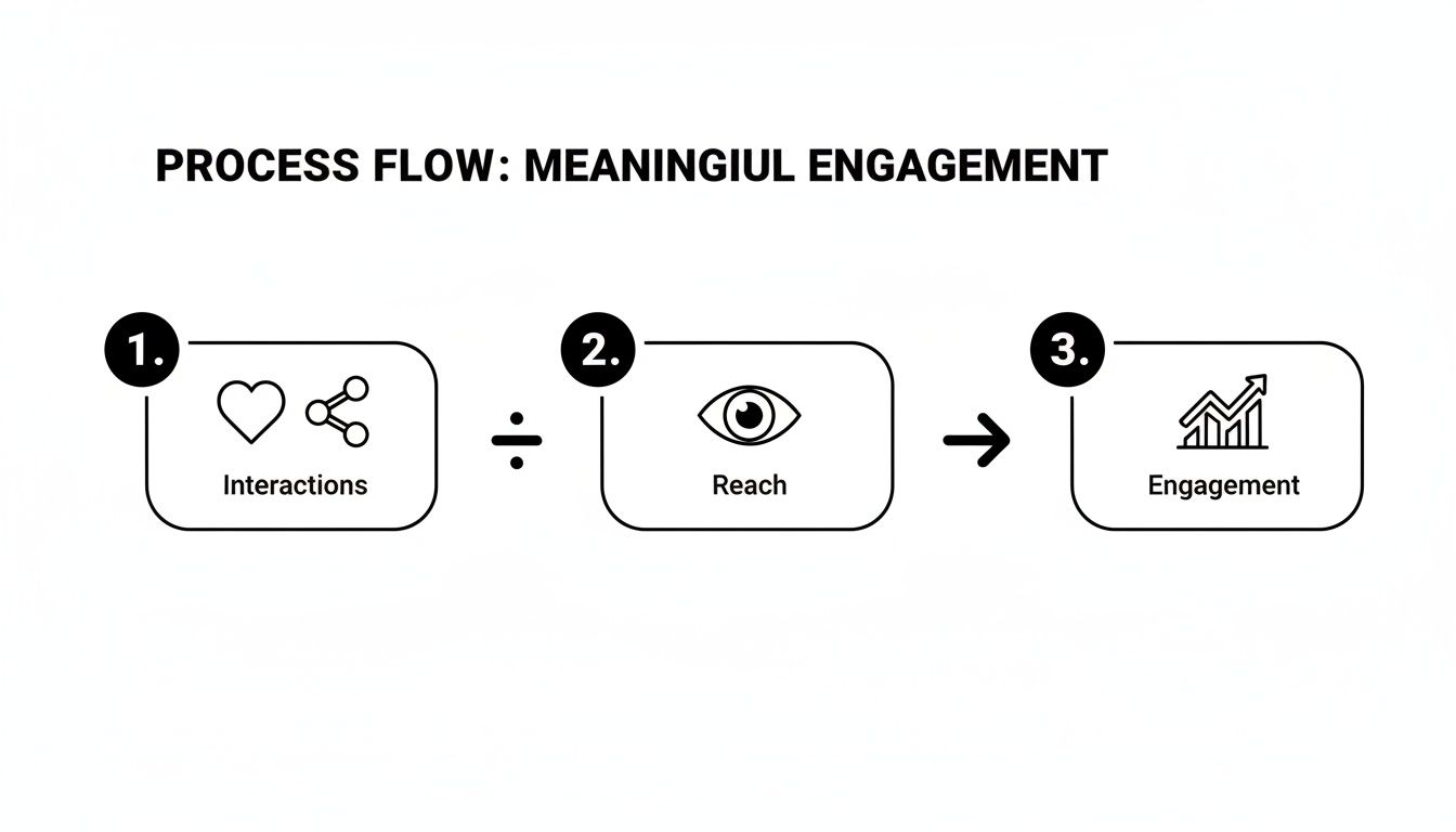 Process flow diagram showing meaningful engagement calculation: Interactions divided by Reach equals Engagement.