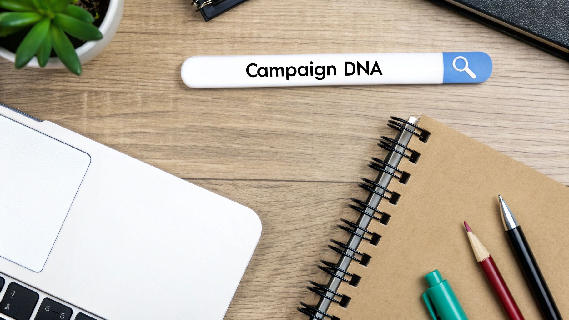Campaign DNA search bar on wooden desk with laptop, notebook, and pens for tracking marketing parameters