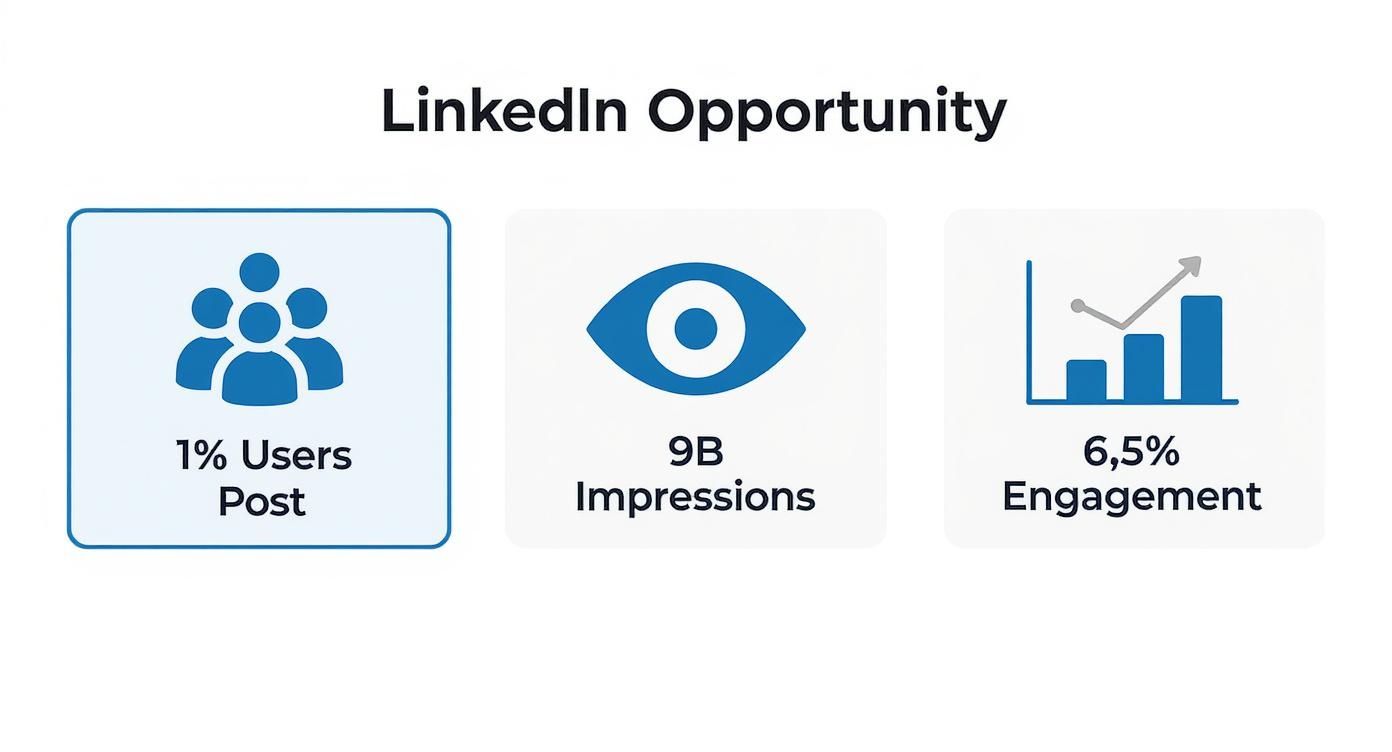 An infographic detailing LinkedIn opportunities: 1% of users post, 9 billion impressions, and 6.5% engagement.