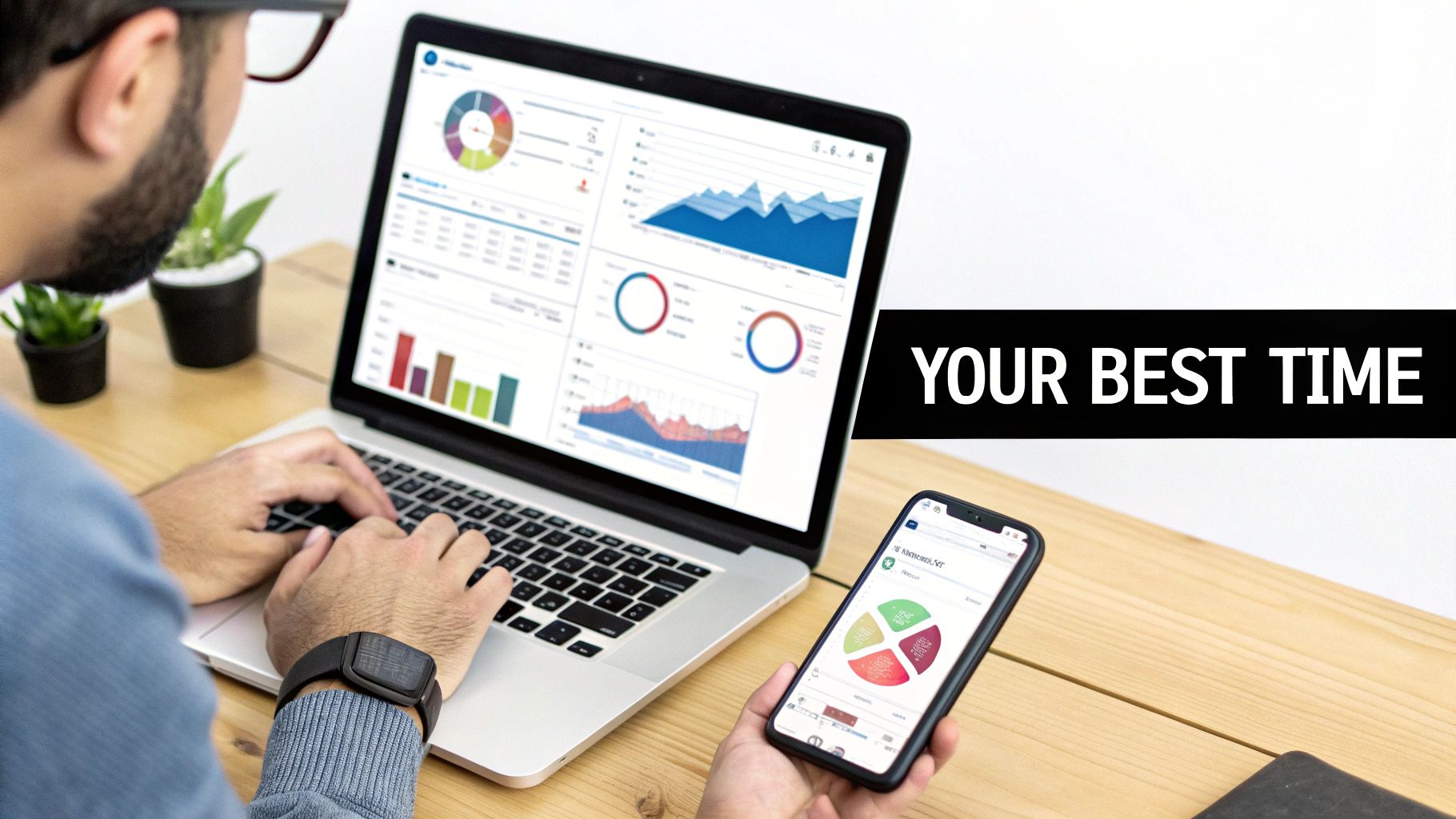 A person analyzing social media data on a laptop and smartphone to optimize posting times.